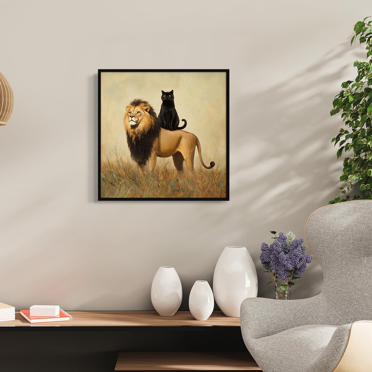 Foto 7 pulgar | Lienzo Decorativo Para Pared, Divertido Gato Negro Con Forma De León, 40 X 40 Cm, Enmarcado - Venta Internacional.