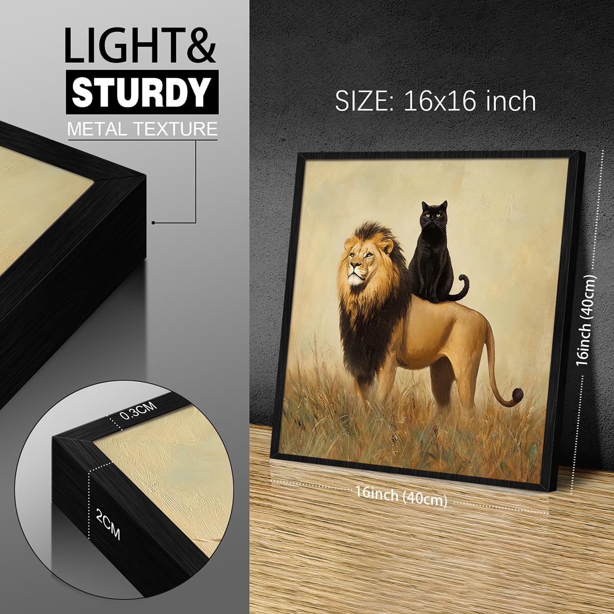Foto 7 | Lienzo Decorativo Para Pared, Divertido Gato Negro Con Forma De León, 40 X 40 Cm, Enmarcado - Venta Internacional.