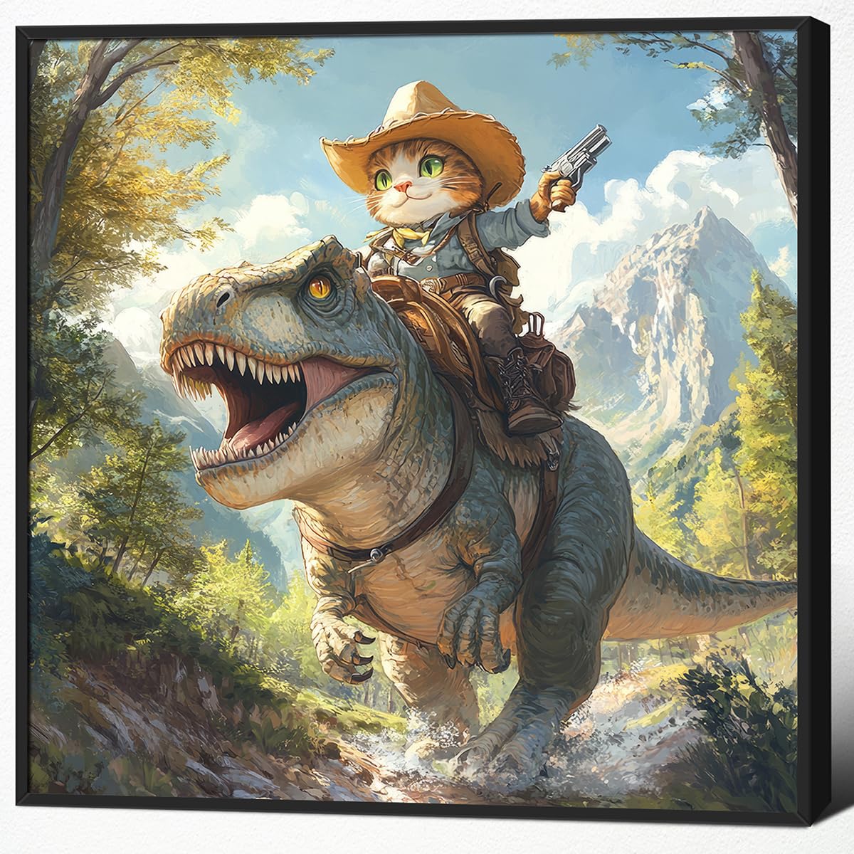 Lienzo Para Pared, Divertido Póster Con Forma De Gato Montado En Forma De Dinosaurio, Vaquero - Venta Internacional.