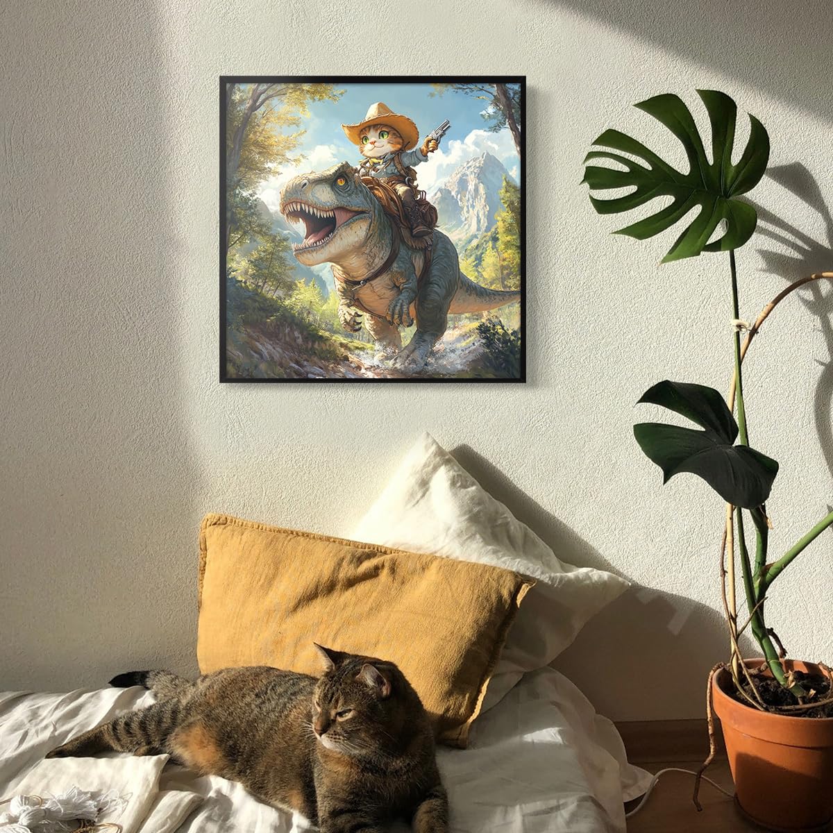 Foto 4 pulgar | Lienzo Para Pared, Divertido Póster Con Forma De Gato Montado En Forma De Dinosaurio, Vaquero - Venta Internacional.