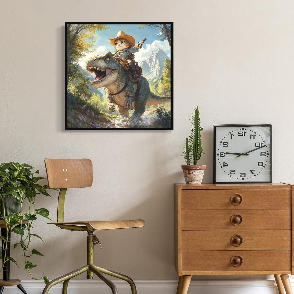 Foto 5 pulgar | Lienzo Para Pared, Divertido Póster Con Forma De Gato Montado En Forma De Dinosaurio, Vaquero - Venta Internacional.
