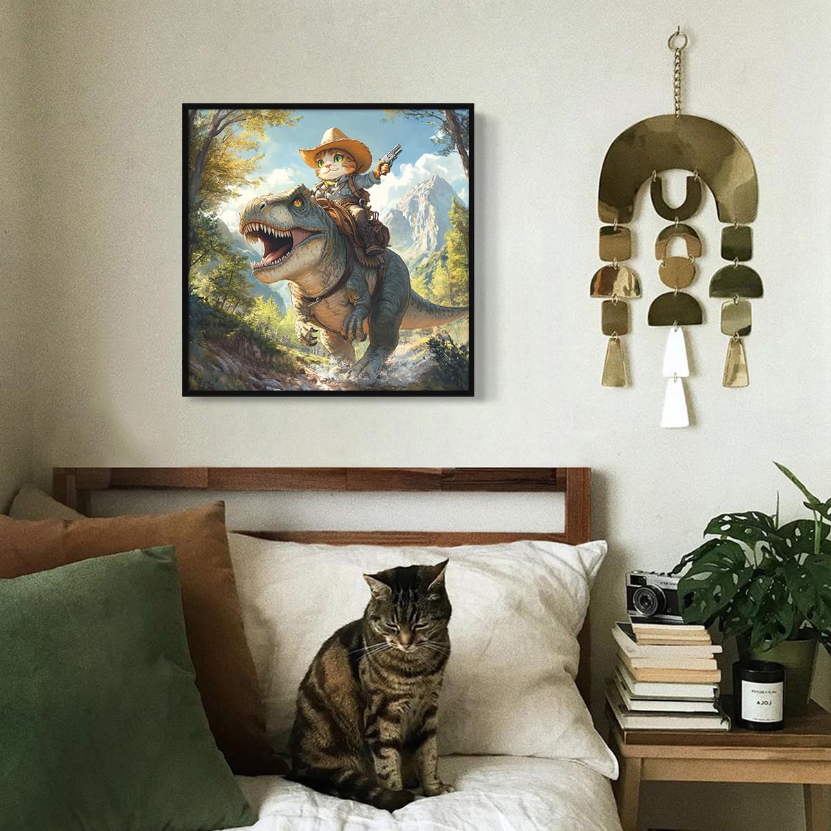 Foto 7 pulgar | Lienzo Para Pared, Divertido Póster Con Forma De Gato Montado En Forma De Dinosaurio, Vaquero - Venta Internacional.