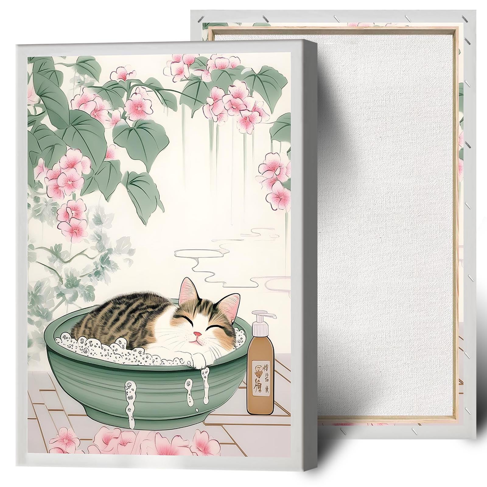 Lienzo Decorativo Japonés Con Bonito Gato En La Bañera, 40 X 60 Cm - Venta Internacional.