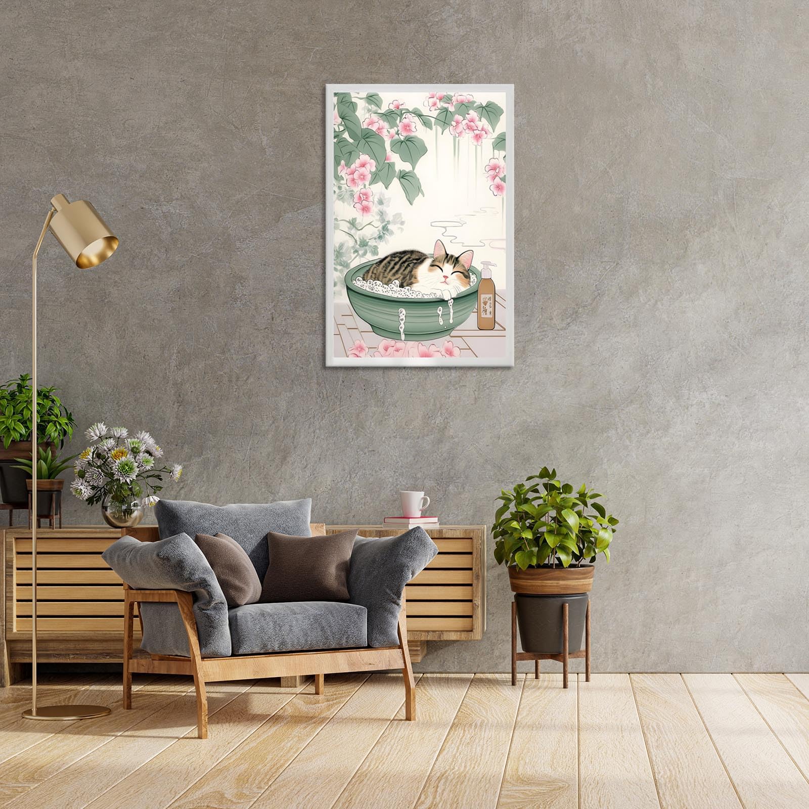 Foto 4 pulgar | Lienzo Decorativo Japonés Con Bonito Gato En La Bañera, 40 X 60 Cm - Venta Internacional.