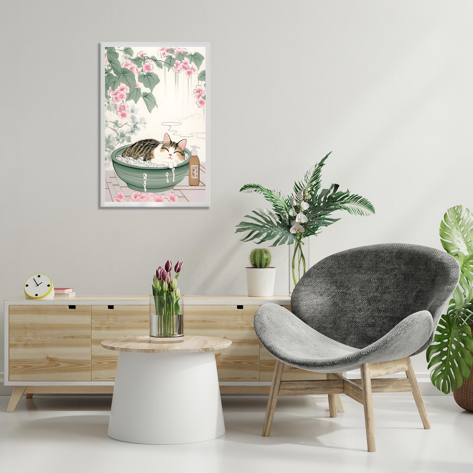 Foto 5 pulgar | Lienzo Decorativo Japonés Con Bonito Gato En La Bañera, 40 X 60 Cm - Venta Internacional.