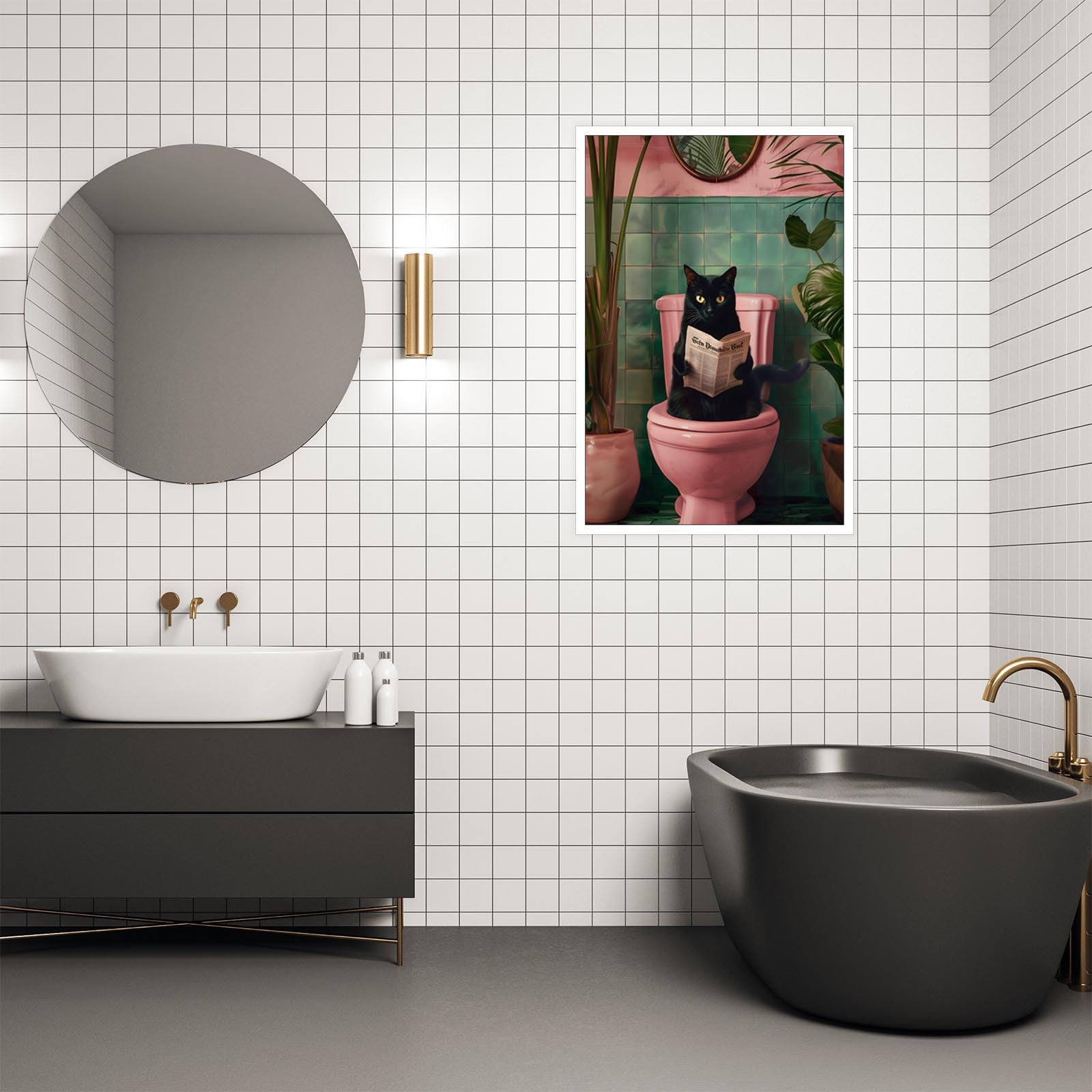 Foto 5 pulgar | Póster Divertido Para Baño Con Forma De Gato Negro Con Lectura De Periódico, 40 X 60 Cm - Venta Internacional.