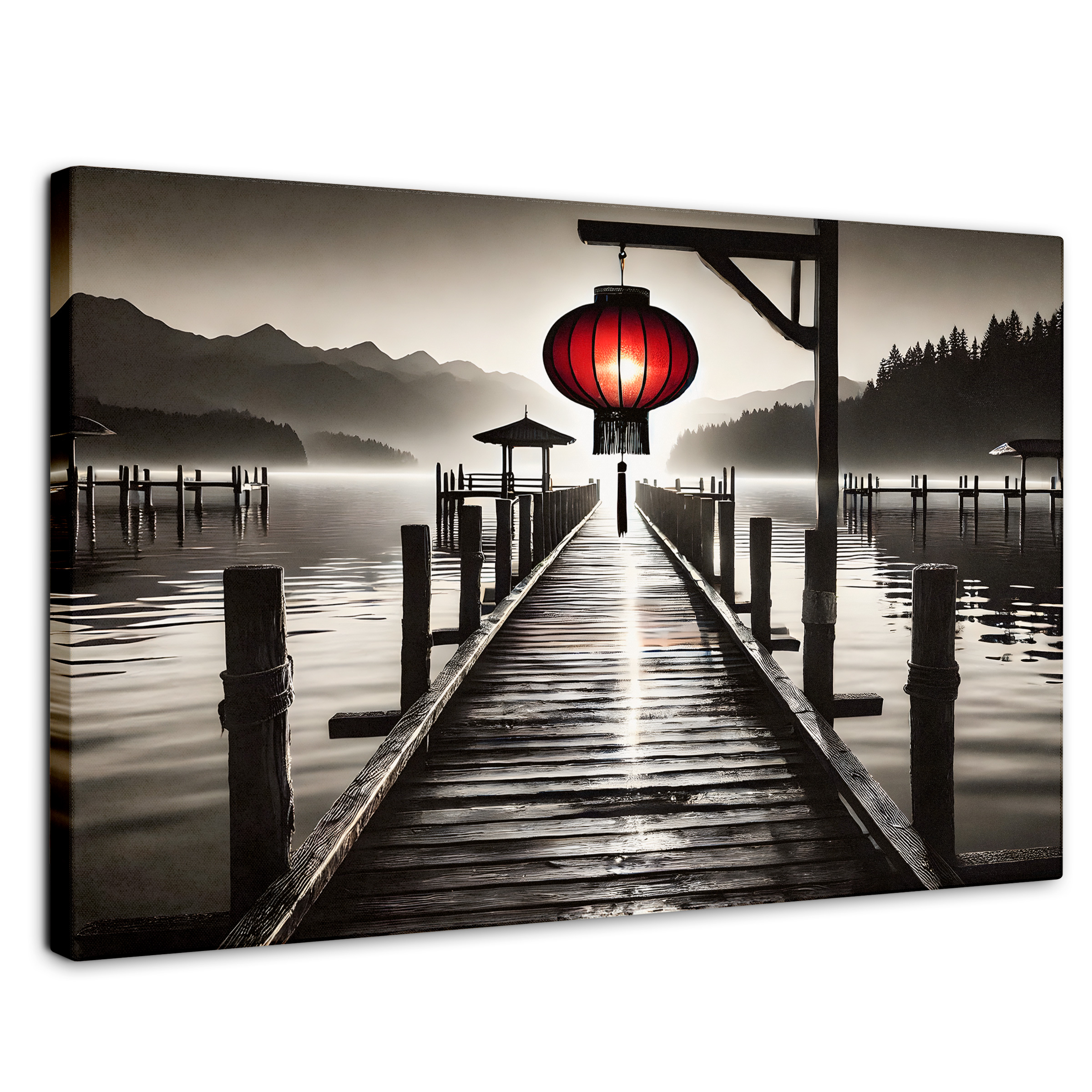 Cuadro Blanco Y Negro Canvas Rojo En El Muelle 90x60