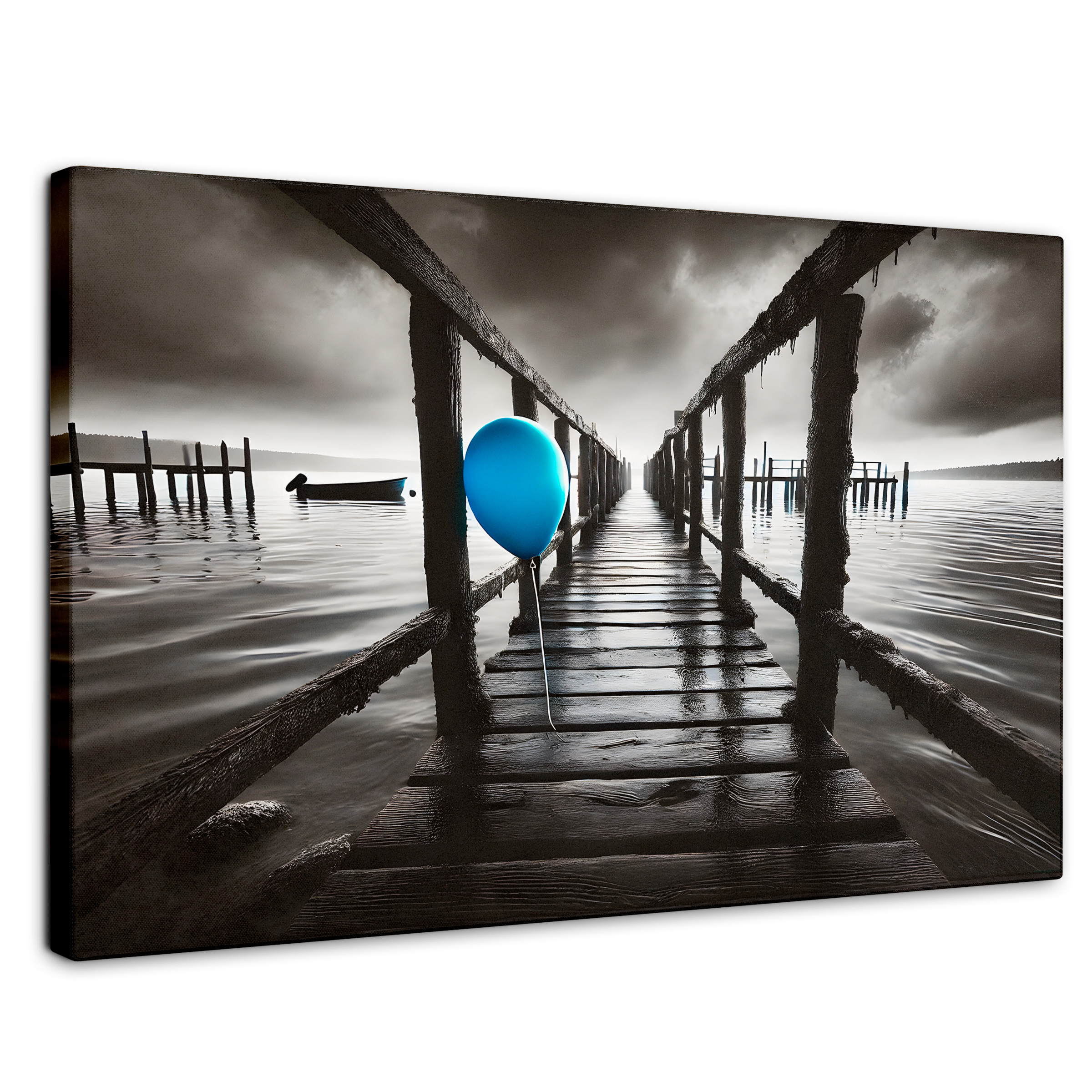 Cuadro Blanco Y Negro Canvas Azul En El Muelle 90x60