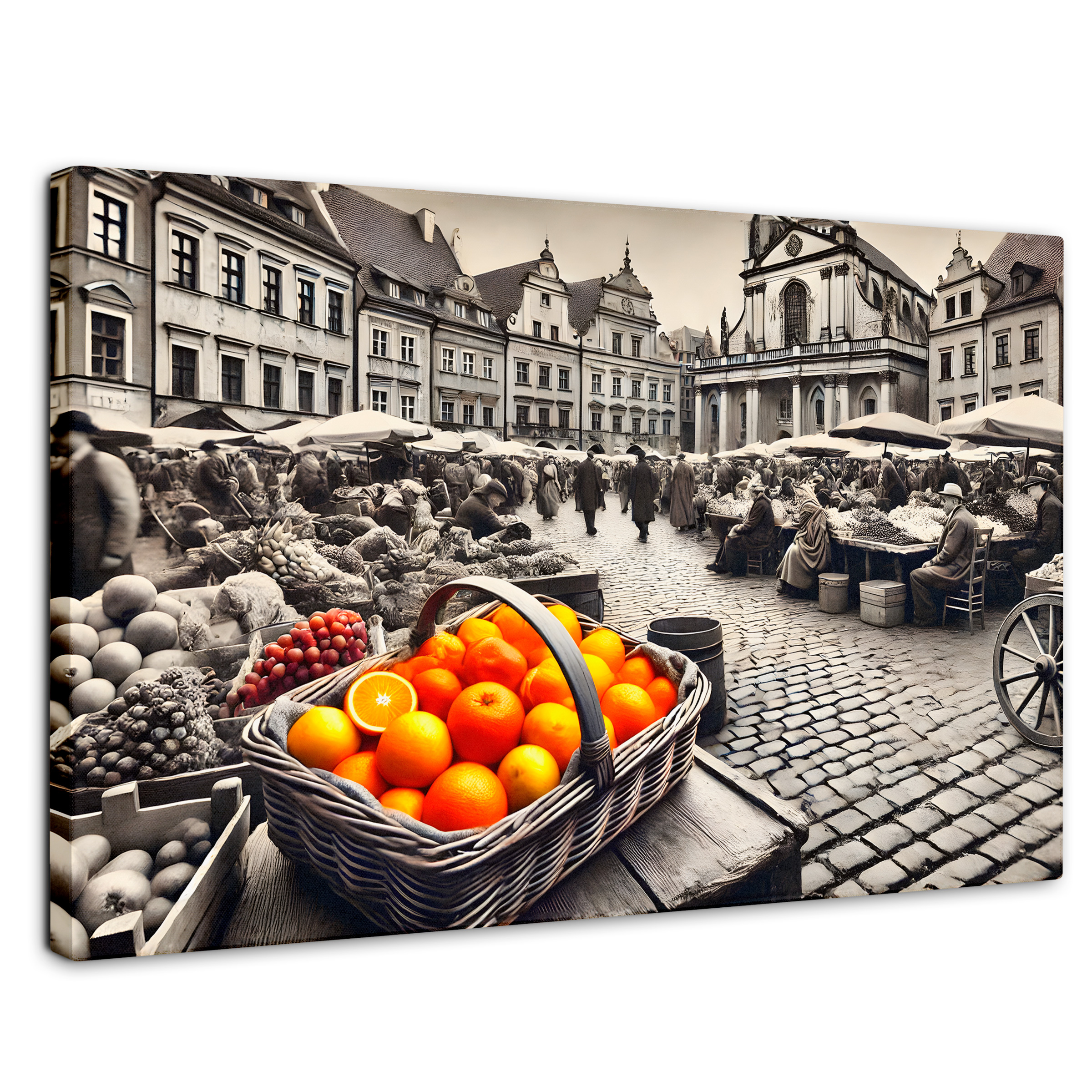 Cuadro Blanco Y Negro Canvas Mercado Naranja 90x60