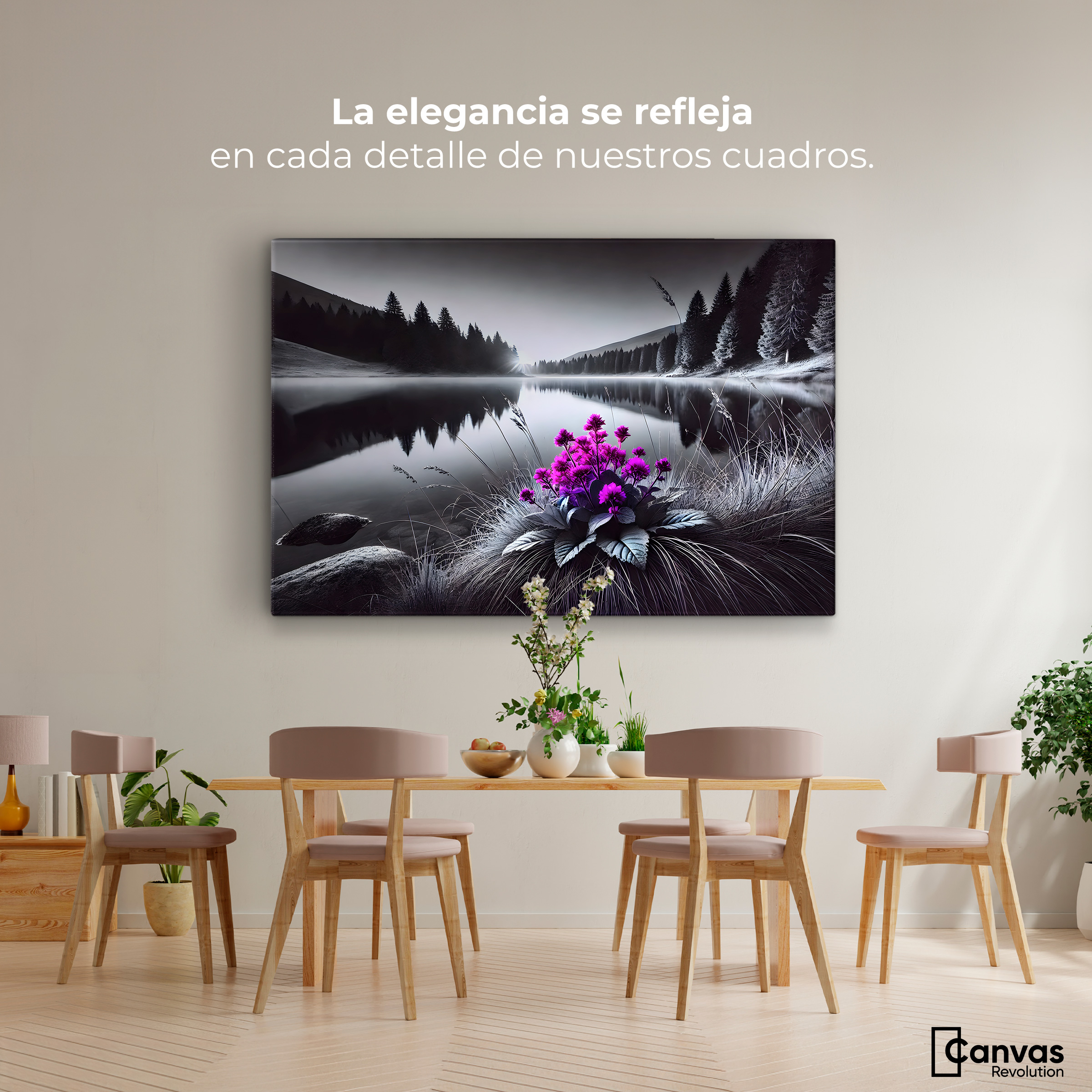 Foto 4 pulgar | Cuadro Blanco Y Negro Canvas  Flores En El Agua 90x60