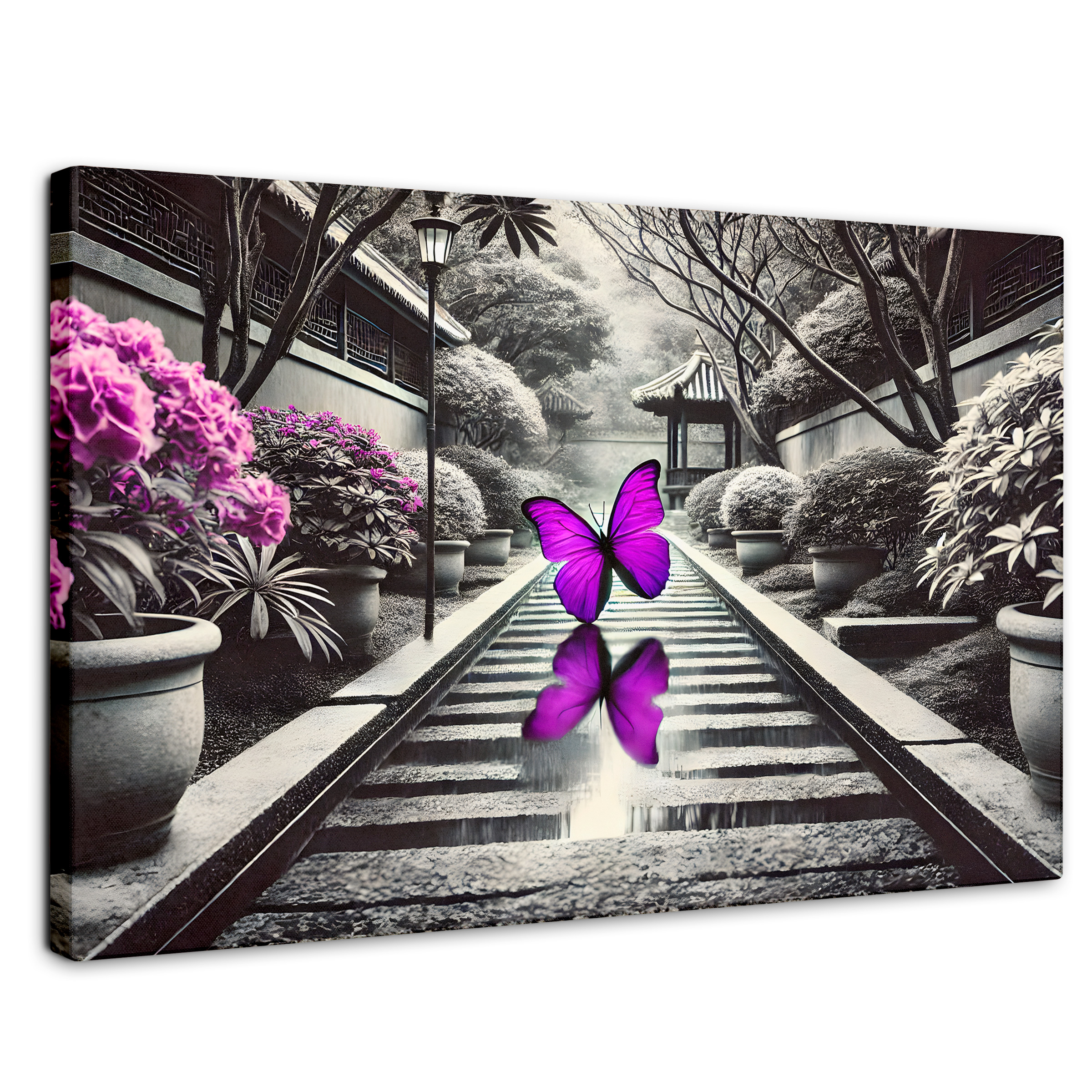 Cuadro Blanco Y Negro Canvas Jardín En Vuelo 90x60