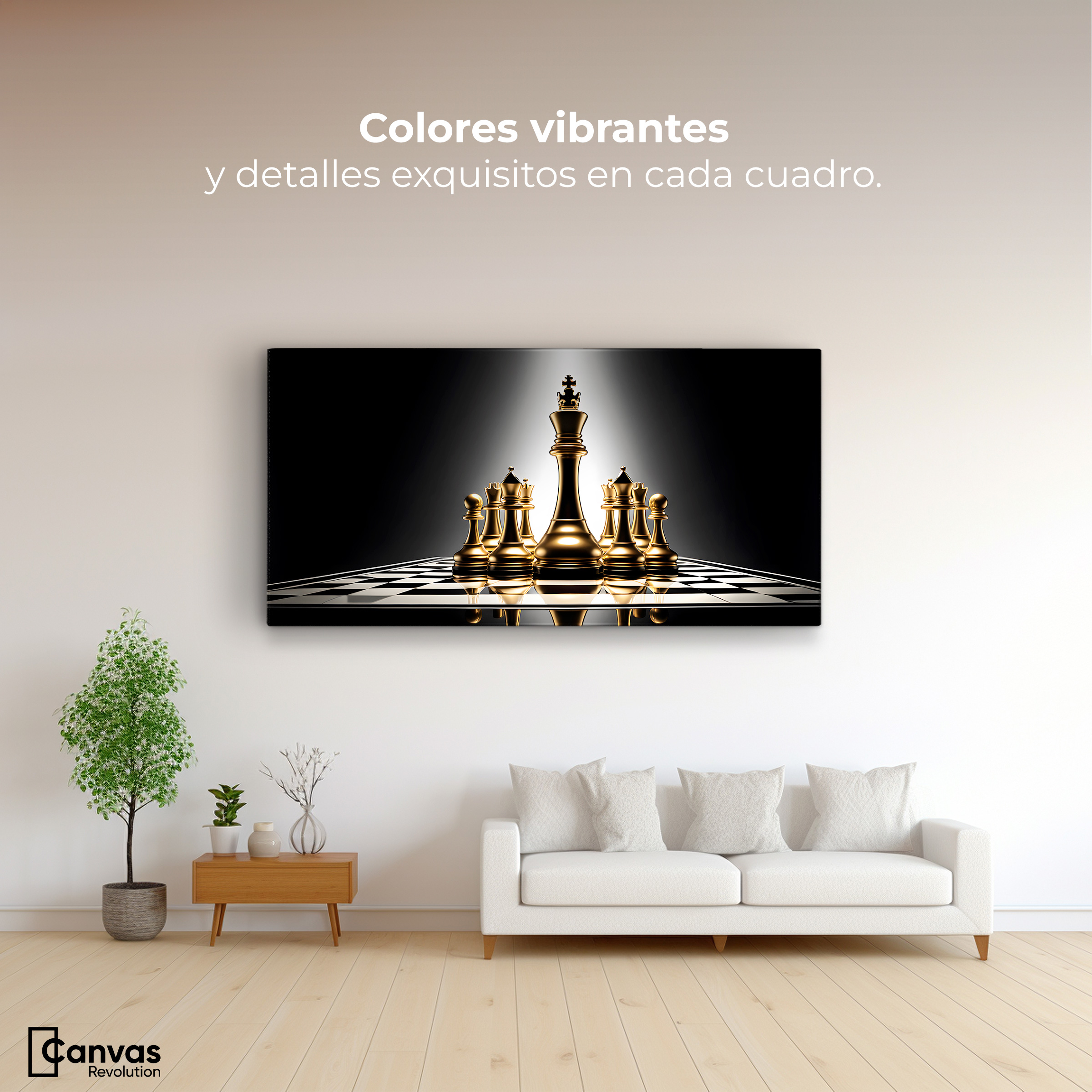 Foto 3 pulgar | Cuadro Blanco Y Negro Canvas Ajedrez De Oro 120x60