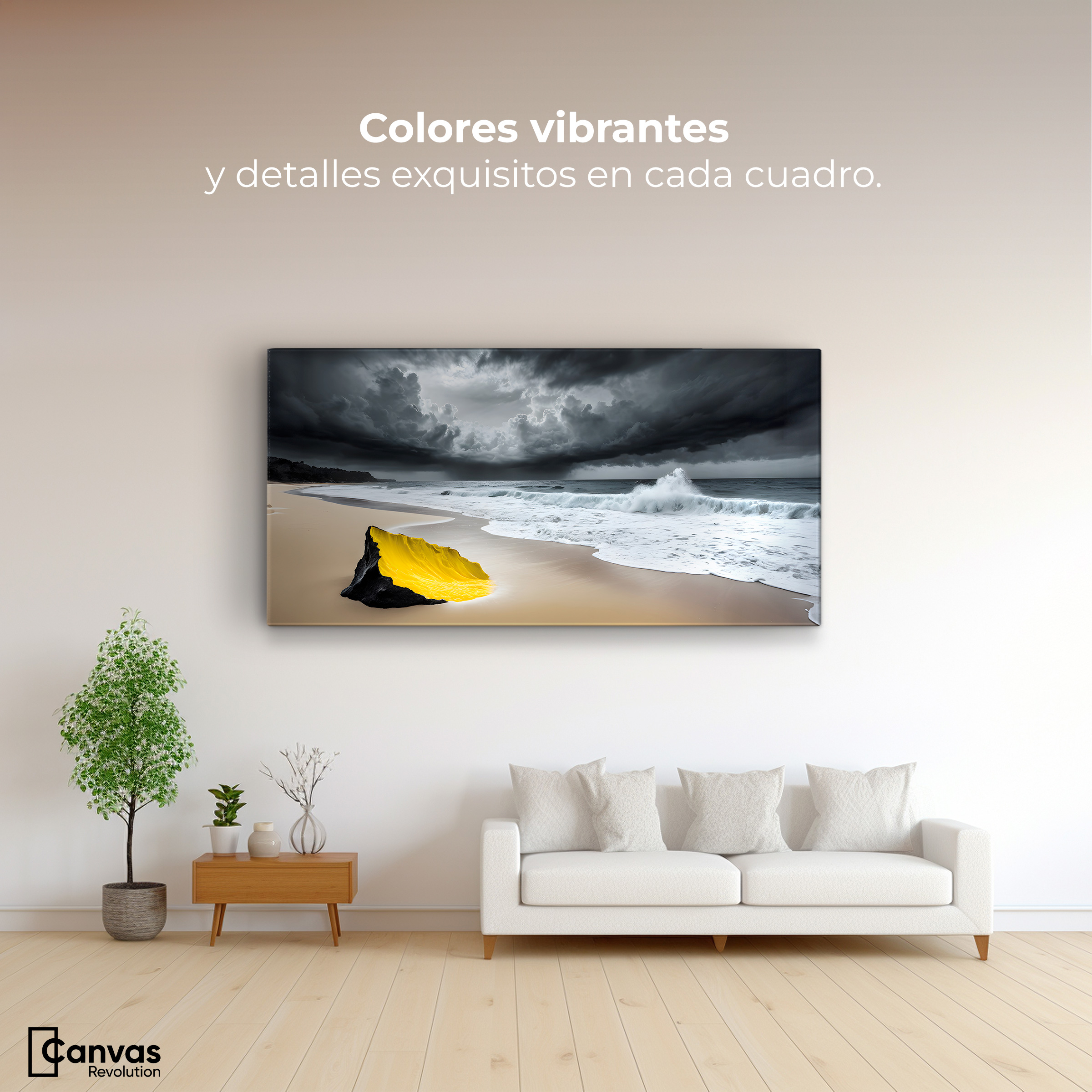 Foto 3 pulgar | Cuadro Blanco Y Negro Canvas Amarillo En Arena 120x60
