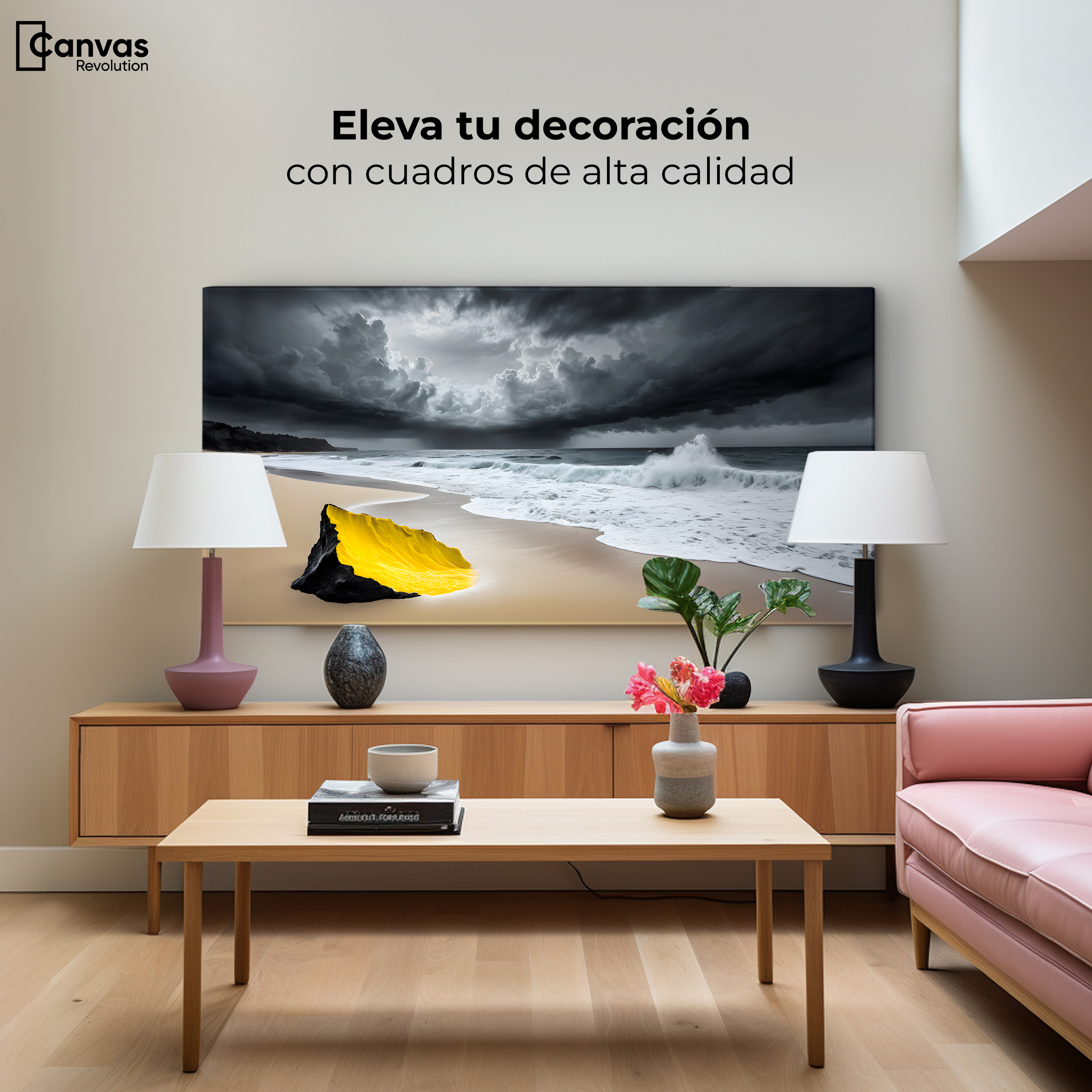 Foto 3 | Cuadro Blanco Y Negro Canvas Amarillo En Arena 120x60