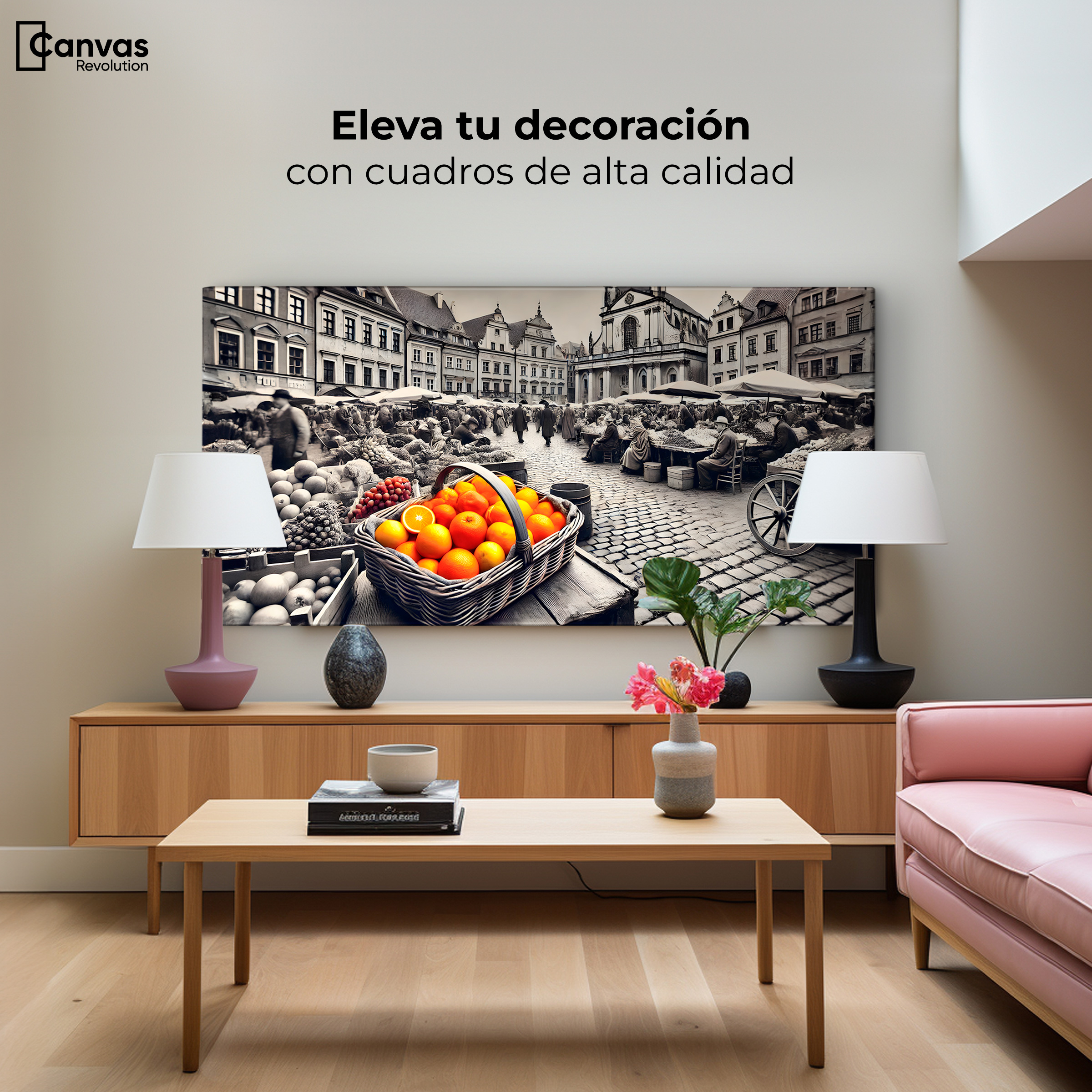 Foto 4 pulgar | Cuadro Blanco Y Negro Canvas Mercado Naranja 120x60