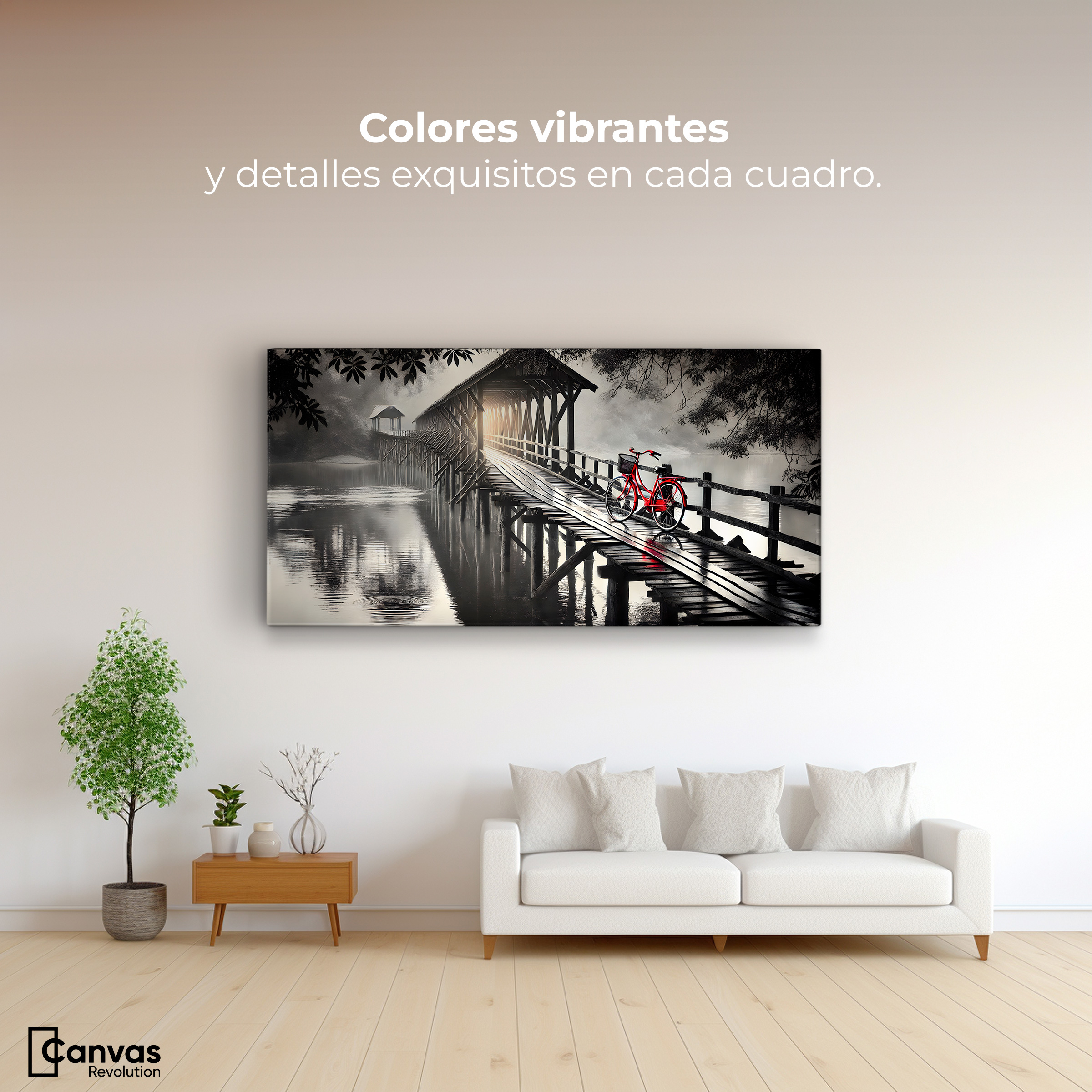 Foto 3 pulgar | Cuadro Blanco Y Negro Canvas Bicicleta En Muelle 120x60