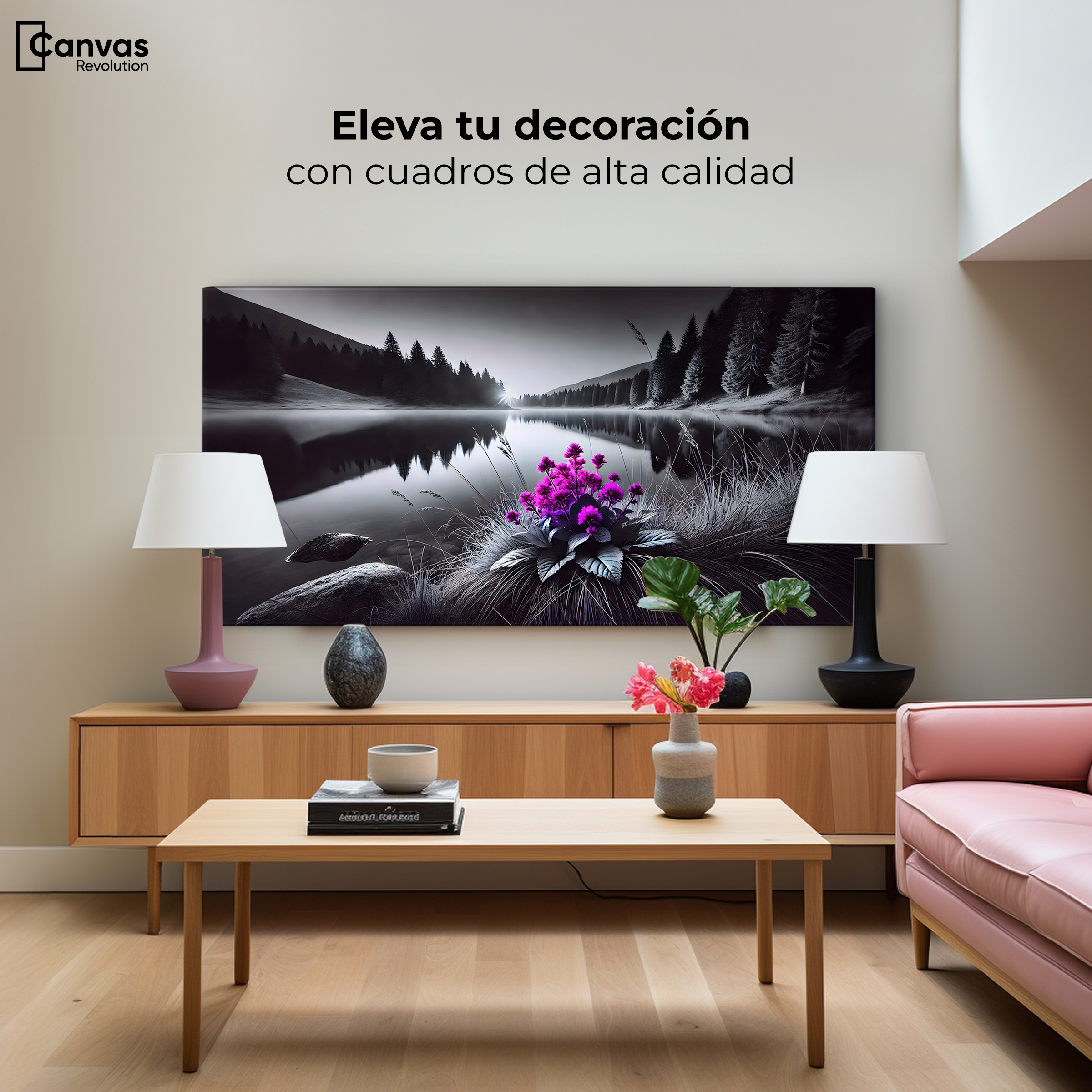 Foto 4 pulgar | Cuadro Blanco Y Negro Canvas Flores En El Agua 120x60