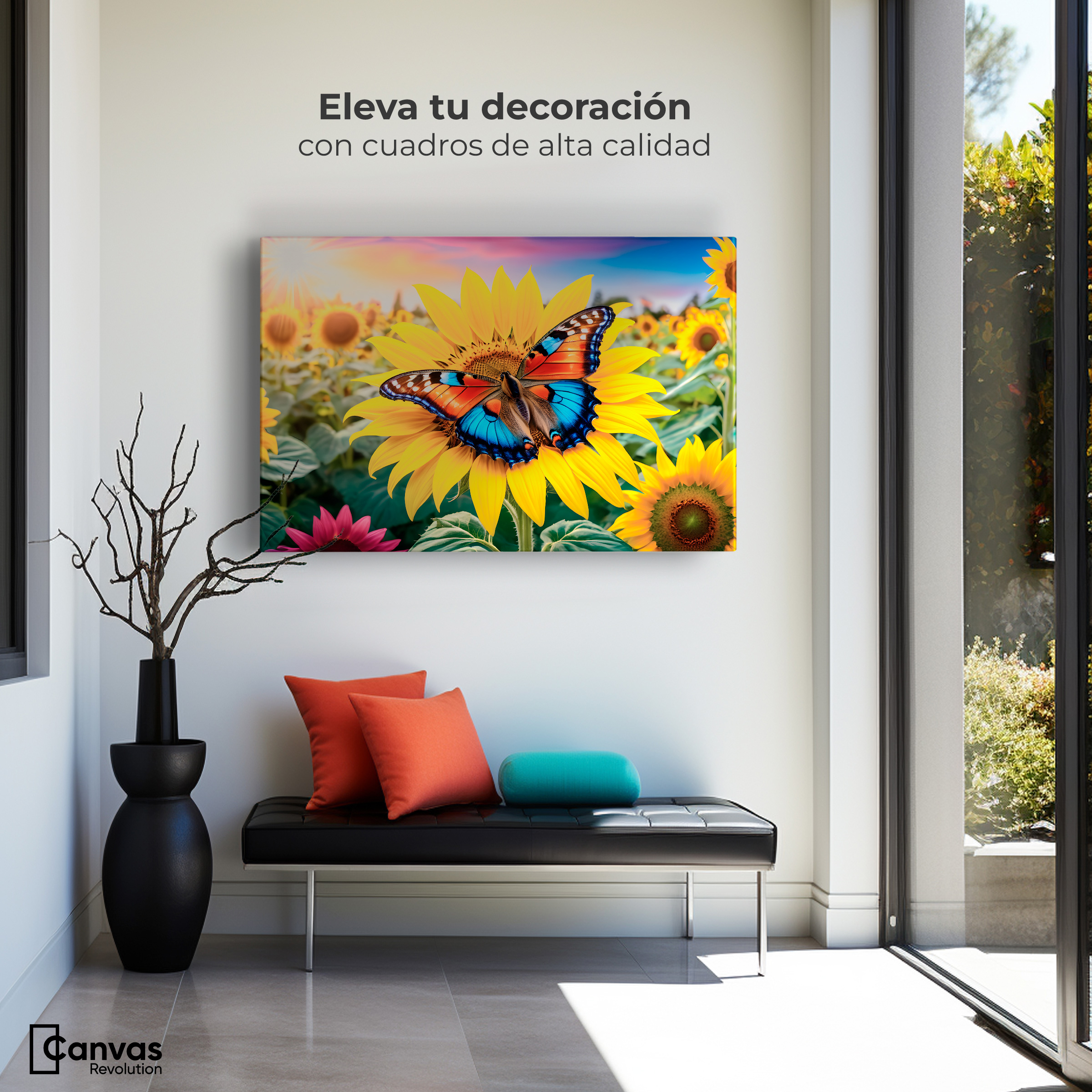 Foto 4 pulgar | Cuadro Mariposas Canvas Girasol Y Colores 90x60