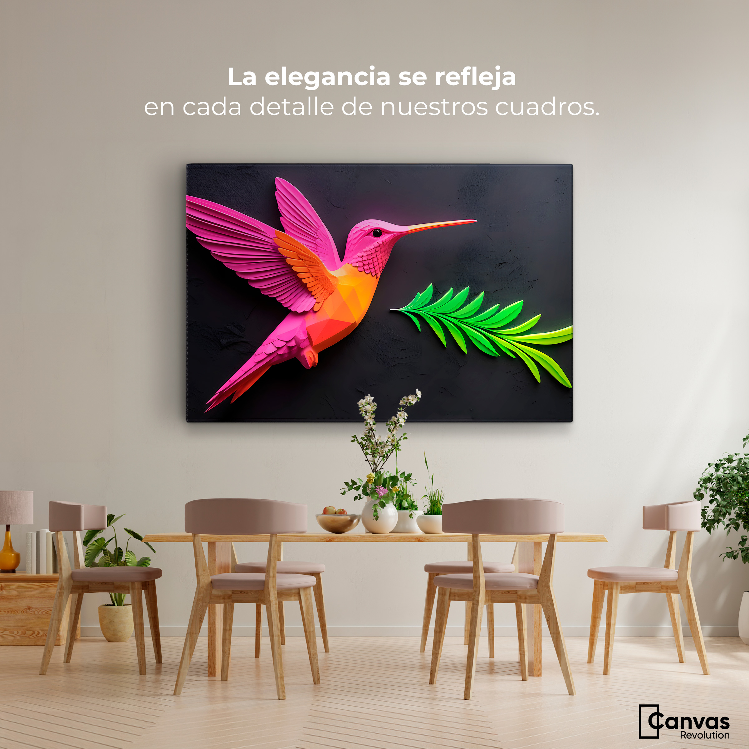 Foto 3 pulgar | Cuadros De Colibrí Canvas Colibrí Rosa Verde 90x60