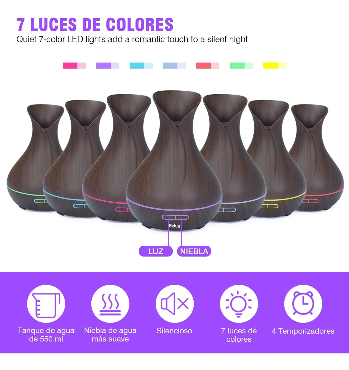 Foto 4 pulgar | Humidificador Difusor Ultrasónico 400ml Luces Control Remoto Chocolate Oscuro