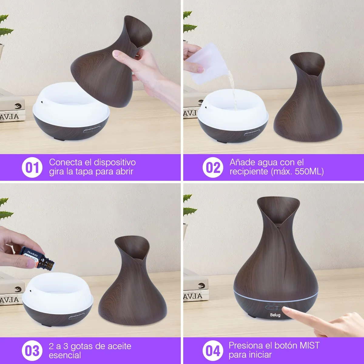 Foto 5 pulgar | Humidificador Difusor Ultrasónico 400ml Luces Control Remoto Chocolate Oscuro