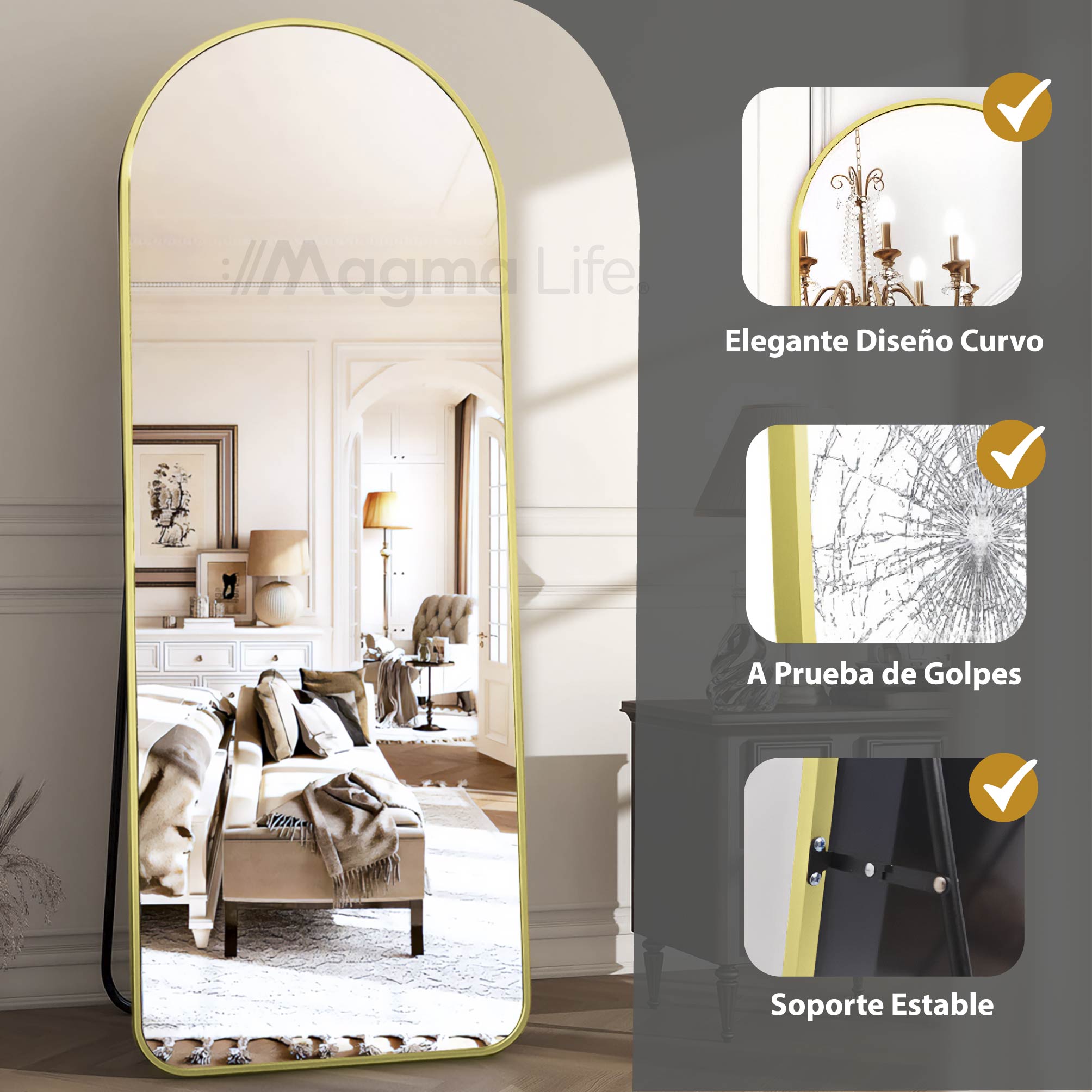 Foto 4 pulgar | Magma Life Espejo De Cuerpo Completo Con Soporte, Ideal Para Piso O Pared, Con Soporte Y Marco De Metal Resistente