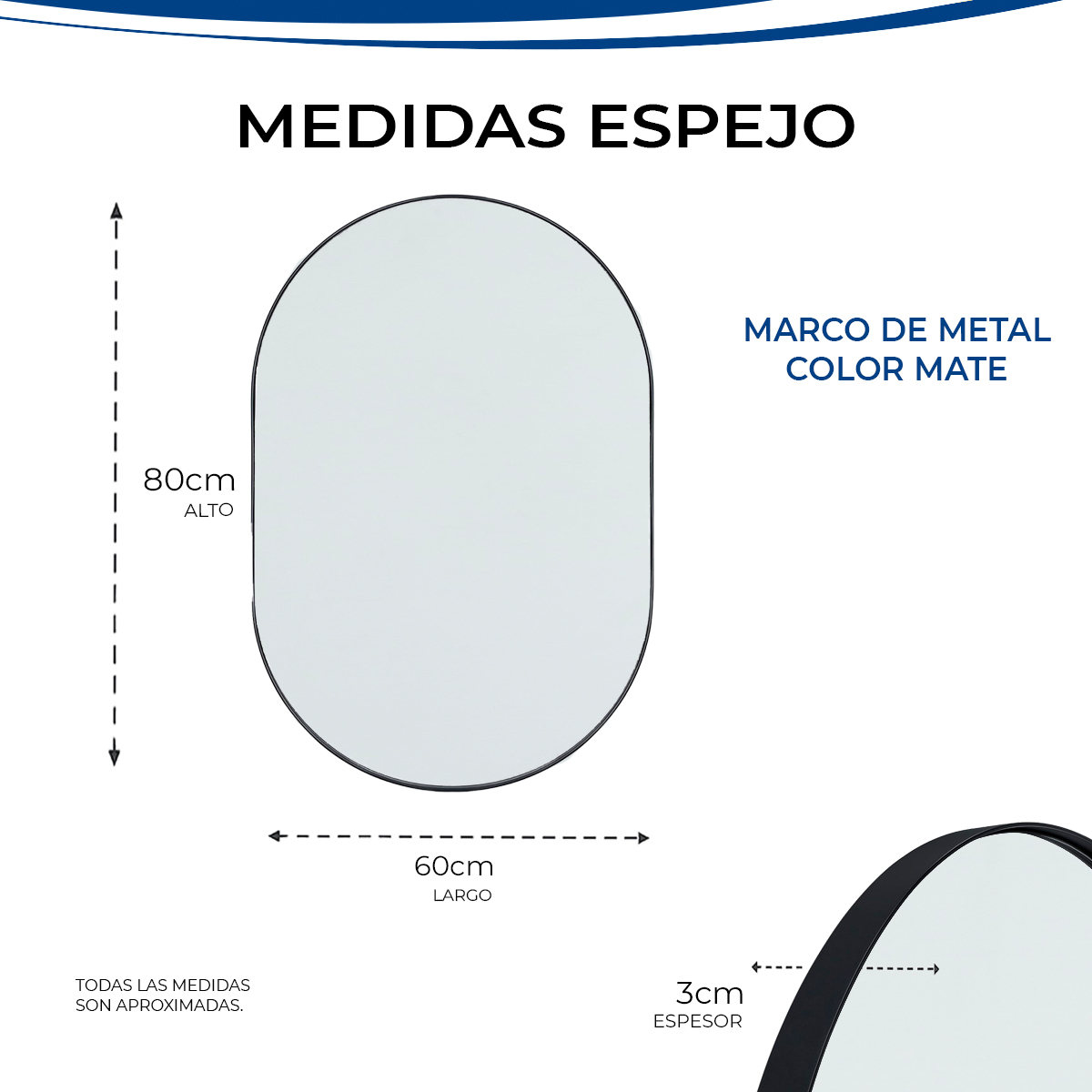 Foto 4 pulgar | Espejo Gravita Ovalado de 60x80cm con Marco de Aluminio Negro Mate