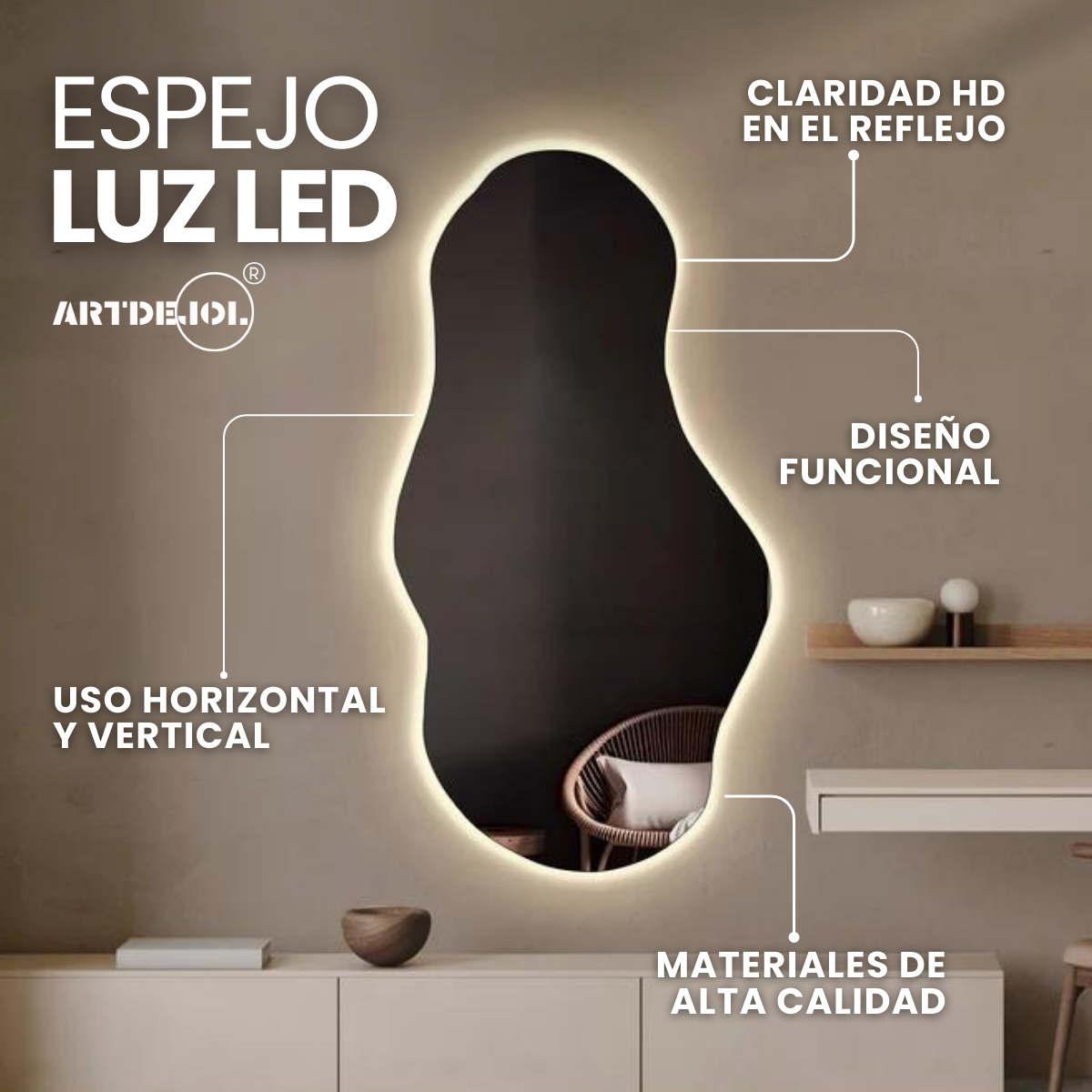 Foto 3 pulgar | Espejo Con Luz Led Cálida Decorativo Forma Irregular Amorfo Minimalista Tamaño 60 X 90 Cm