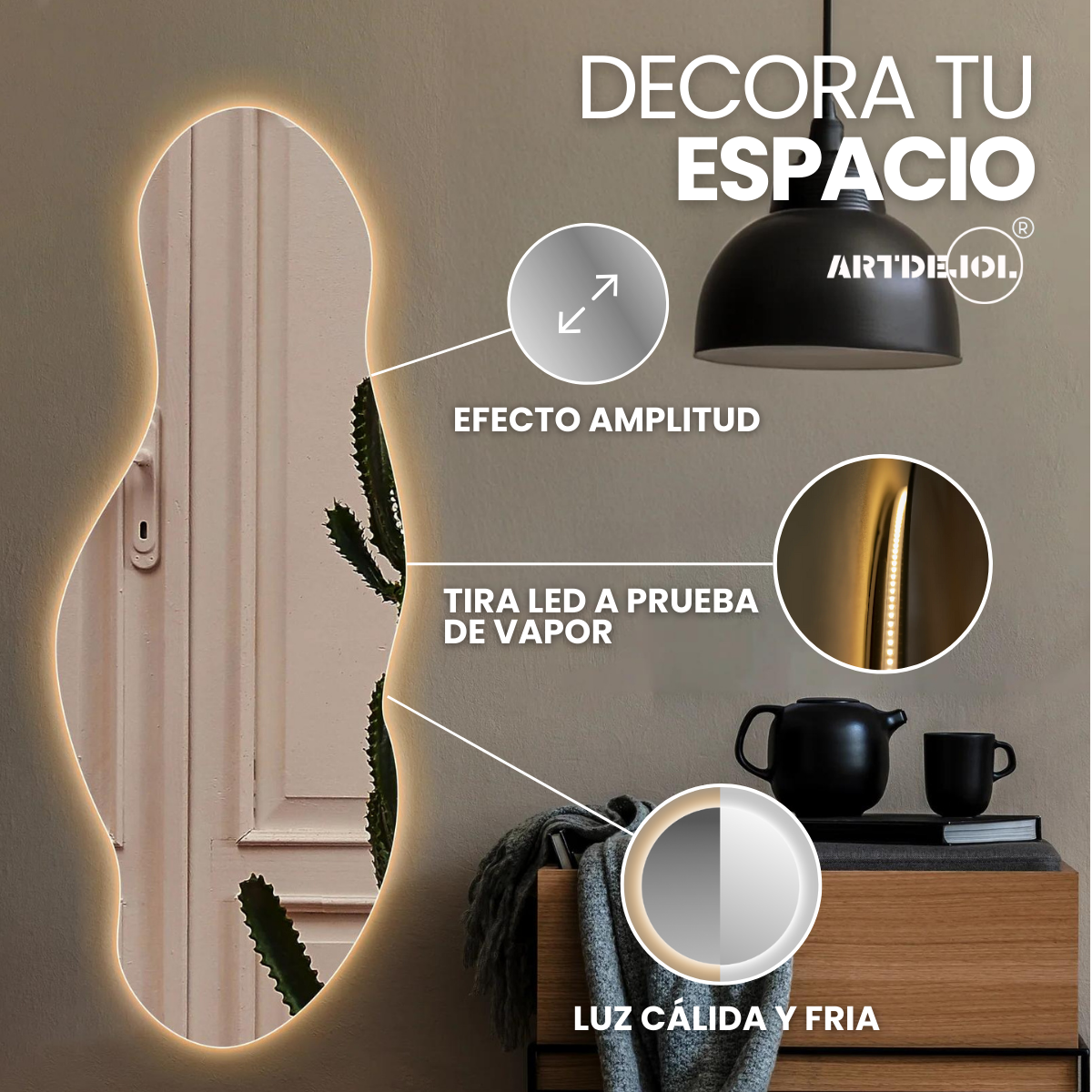 Foto 4 pulgar | Espejo Con Luz Led Cálida Decorativo Forma Irregular Amorfo Minimalista Tamaño 60 X 90 Cm