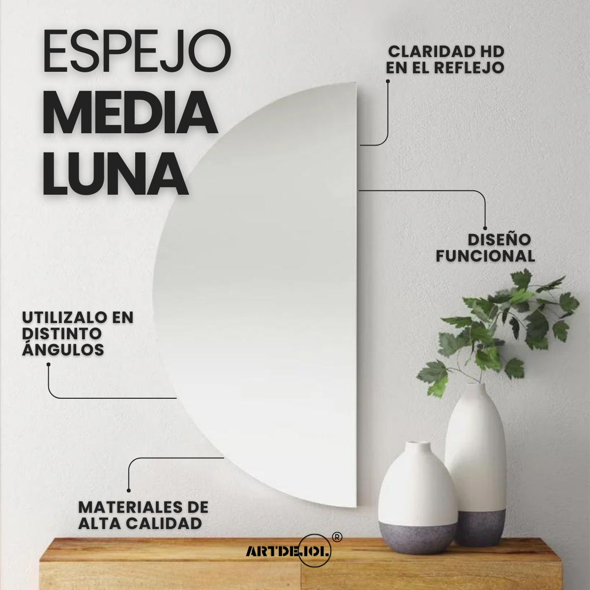 Foto 4 pulgar | Espejo Media Luna 20 X 40 cm Minimalista Decoración Hogar
