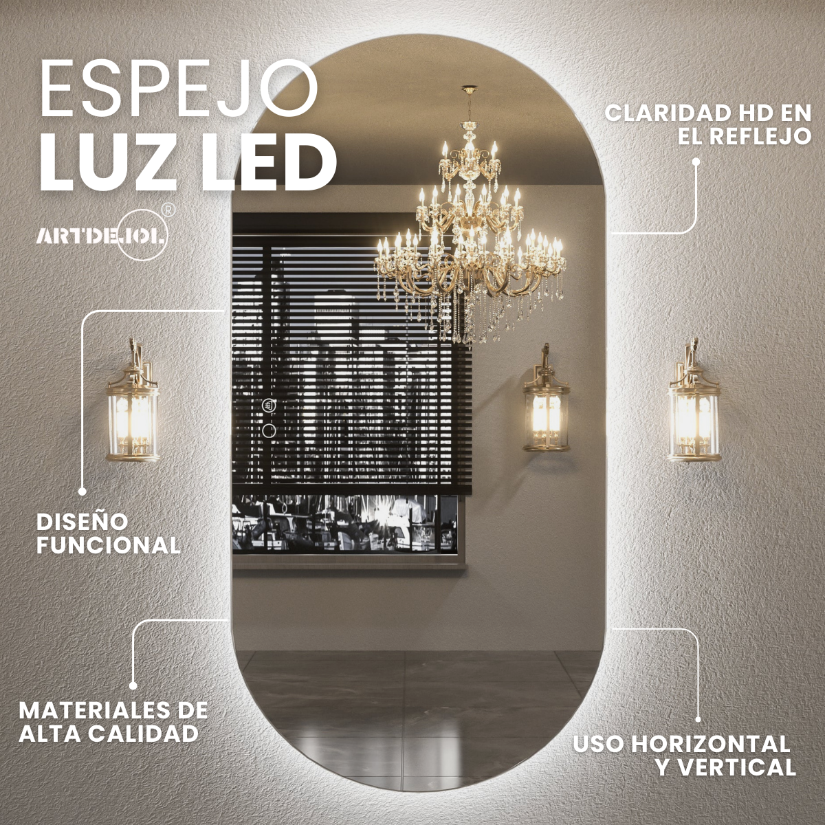 Foto 2 | Espejo Decorativo Forma  Pastilla 60 X 80 Luz Led Cálida