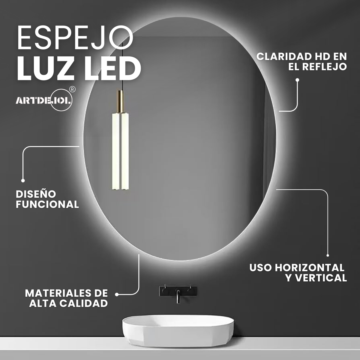 Foto 3 pulgar | Espejo Luz Led Cálido Ovalado 50 X 75 Cm Decoración Hogar