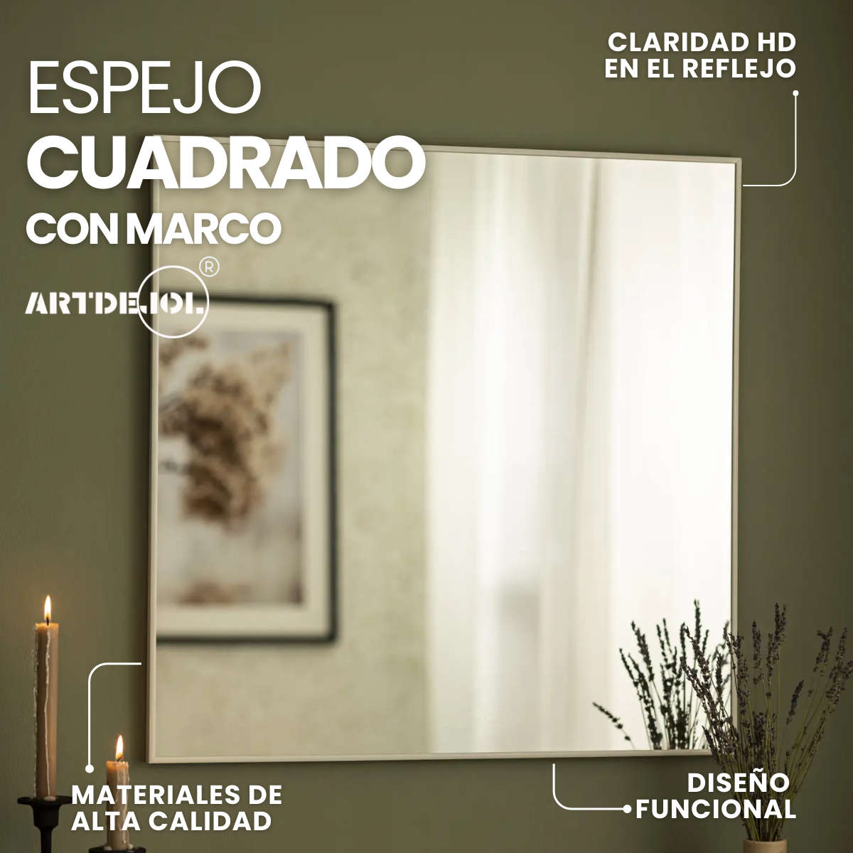 Foto 2 | Espejo De Pared Cuadrado Con Marco En Aluminio Negro 70 X 70 Cm