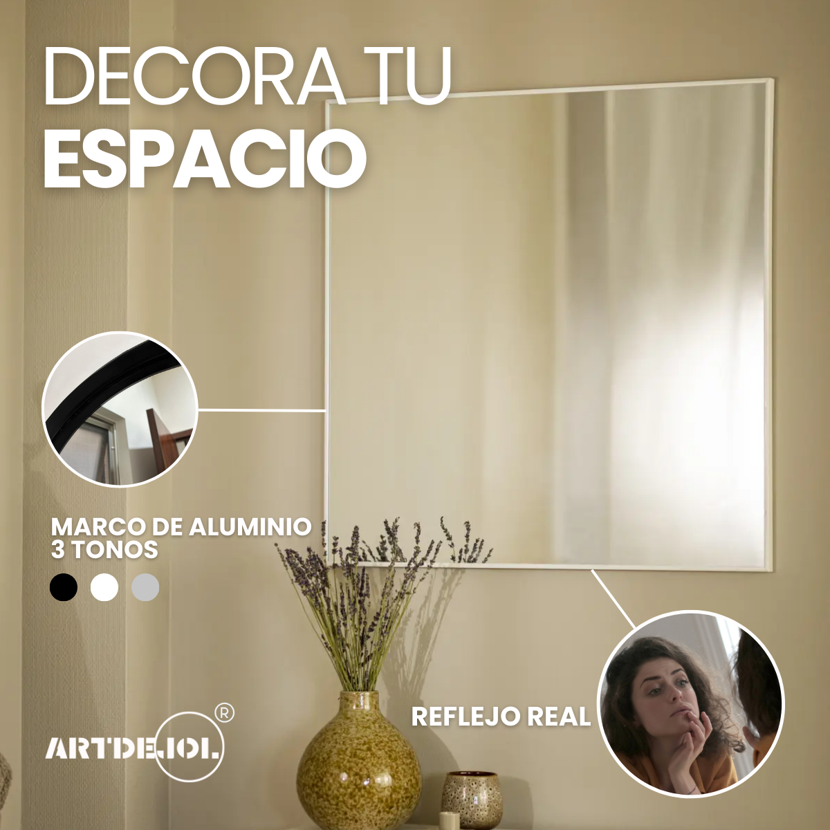 Foto 4 pulgar | Espejo De Pared Cuadrado Con Marco En Aluminio Negro 70 X 70 Cm