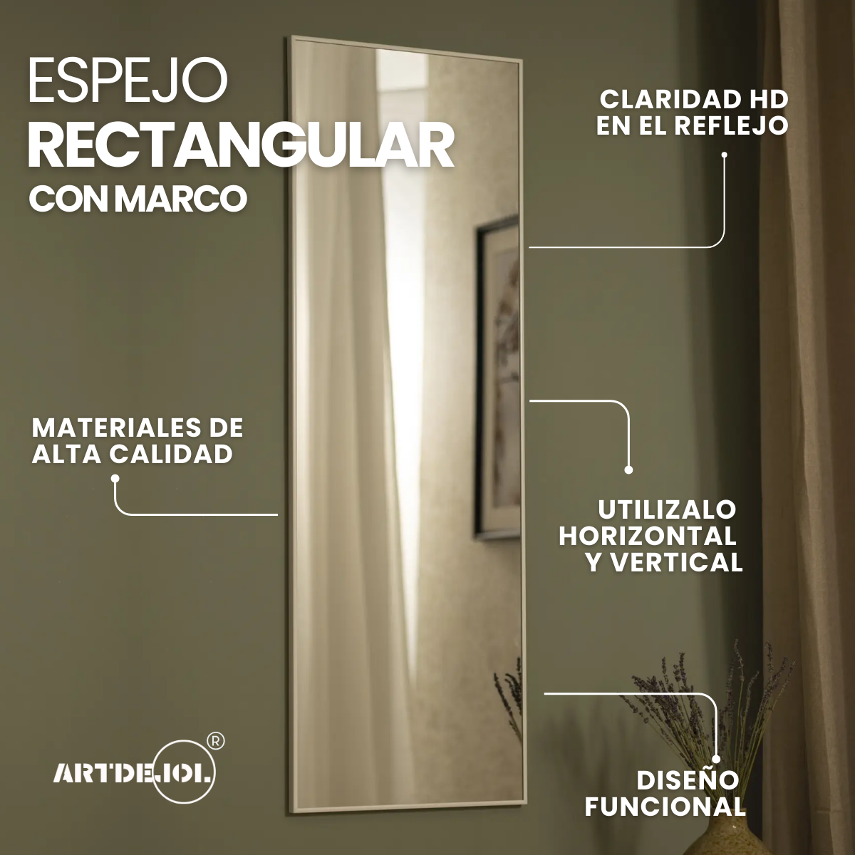 Foto 4 pulgar | Espejo Artdejol Rectangular con Marco Aluminio Metálico Negro 40 x 70 cm
