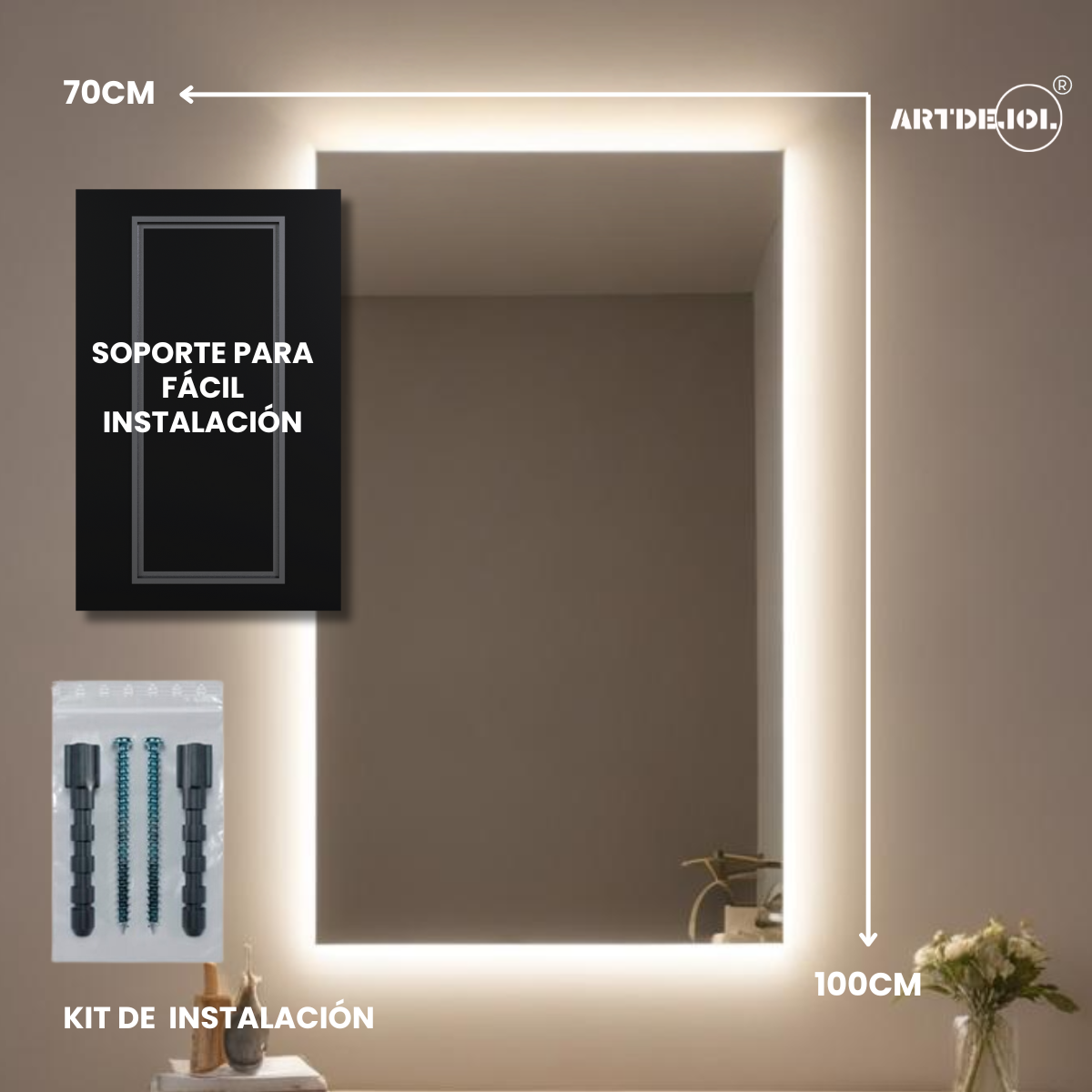 Foto 9 pulgar | Espejo Rectangular Con Luz Led Cálida 70x100 Cm Decoración Hogar