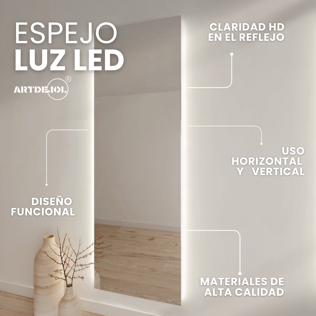 Foto 4 pulgar | Espejo Rectangular Con Luz Led Cálida 60x100 Cm Decoración Hogar