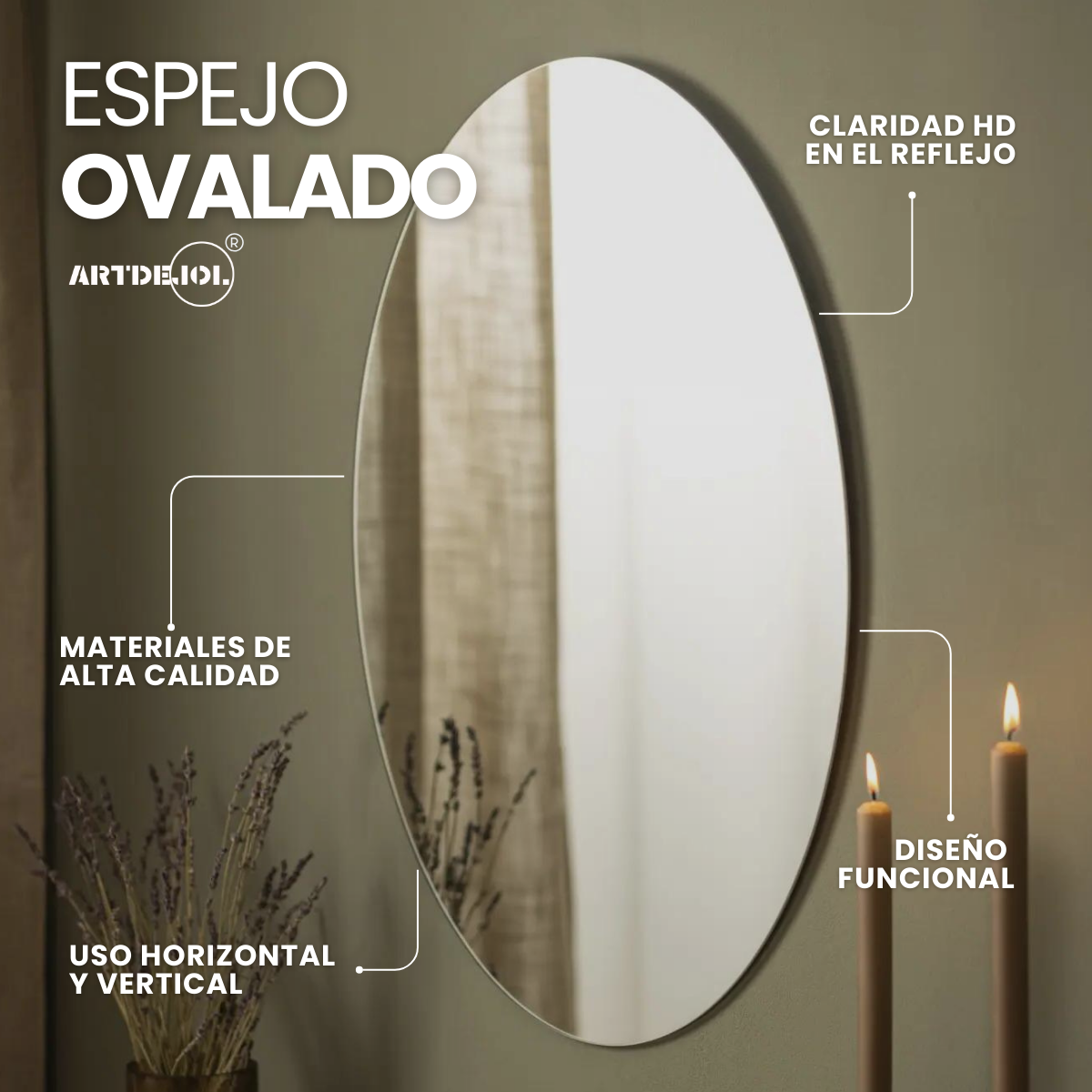 Foto 2 | Espejo Ovalado 4 Mm 70x120 Cm Decoración Hogar Imagen Sin Distorsión