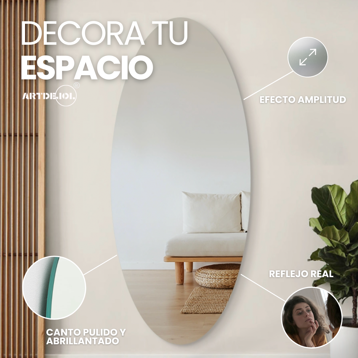 Foto 4 pulgar | Espejo Ovalado 4 Mm 70x120 Cm Decoración Hogar Imagen Sin Distorsión