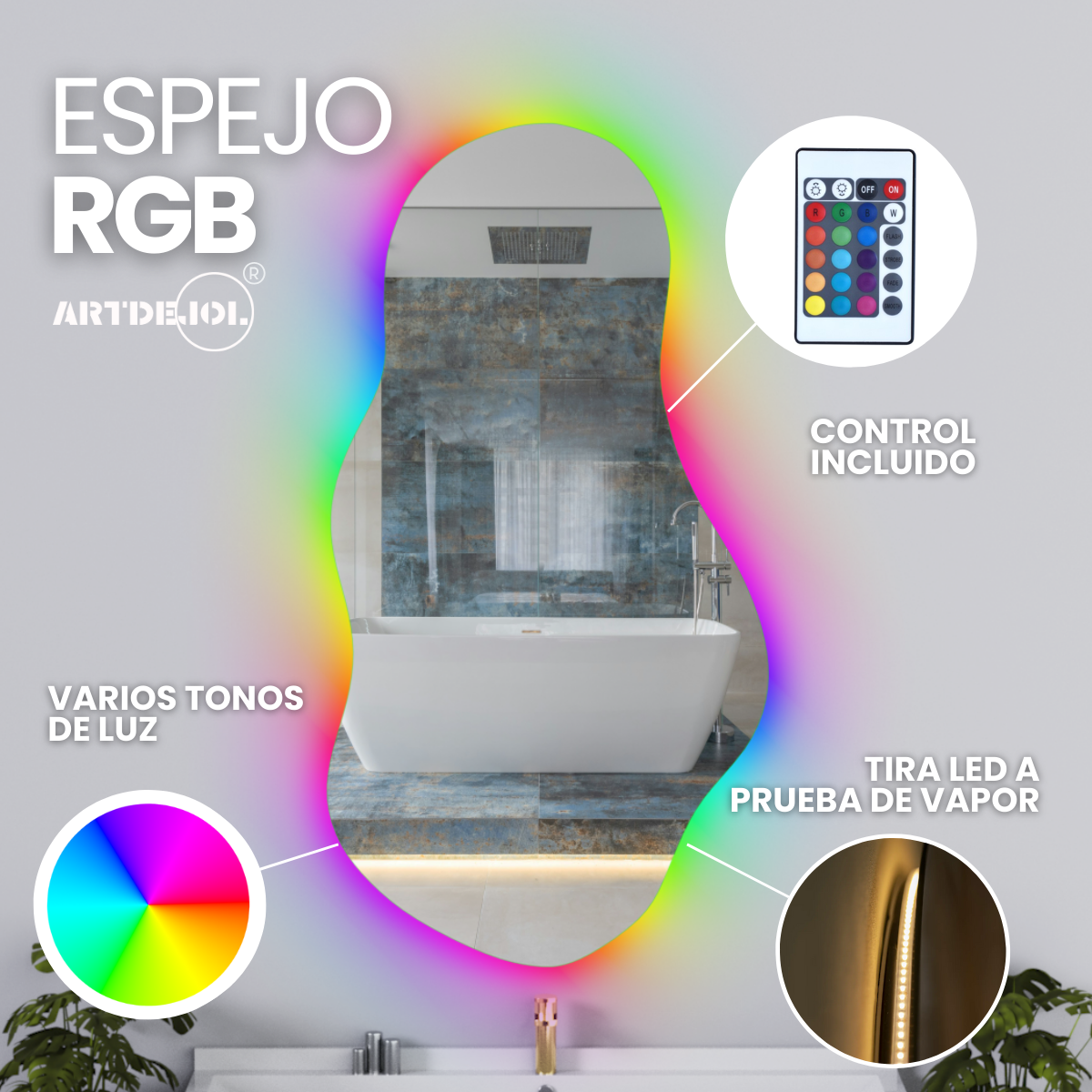 Foto 3 pulgar | Espejo Luz Led Rgb Forma Irregular 60x90 Cm Imagen Sin Distorsión