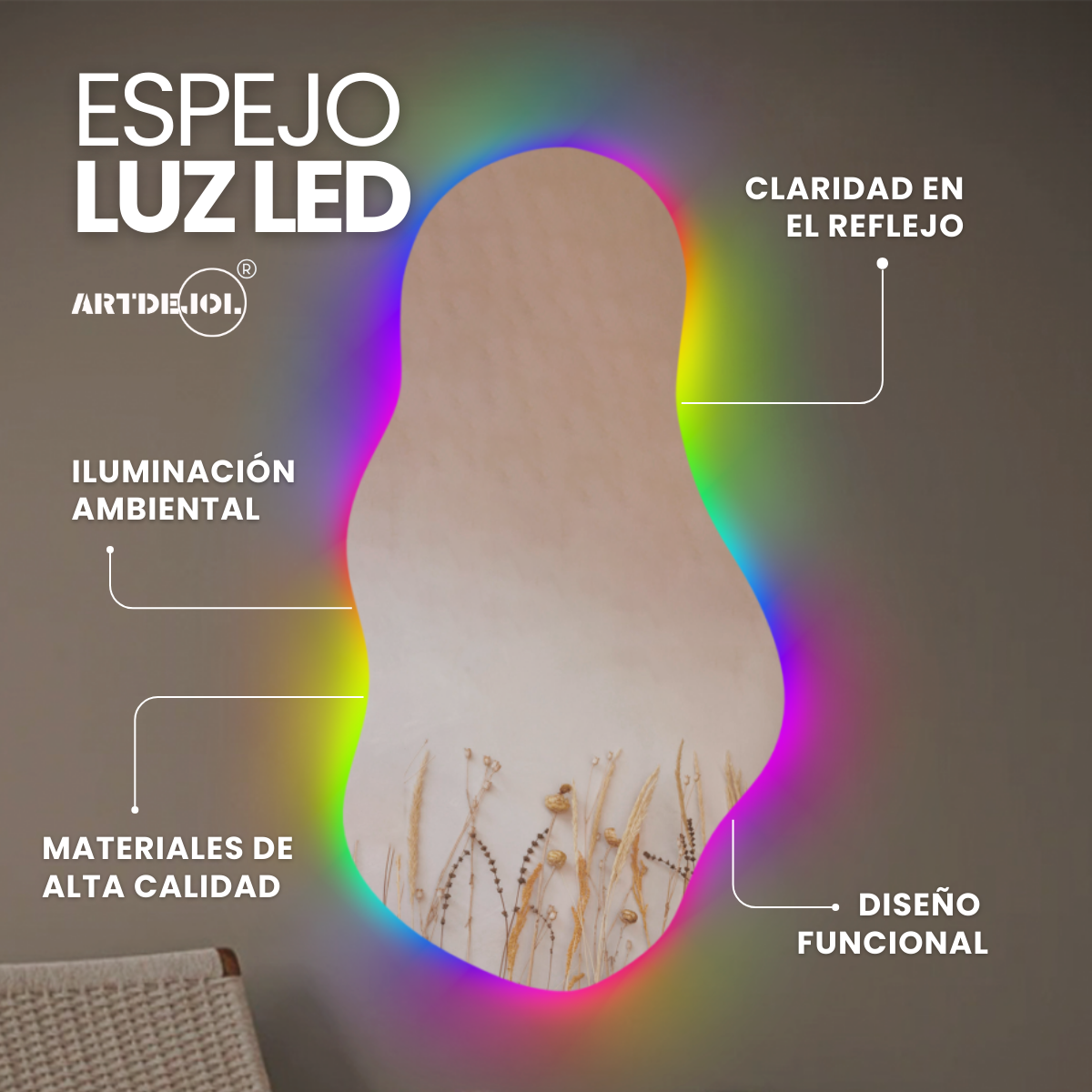 Foto 4 pulgar | Espejo Luz Led Rgb Forma Irregular 60x90 Cm Imagen Sin Distorsión