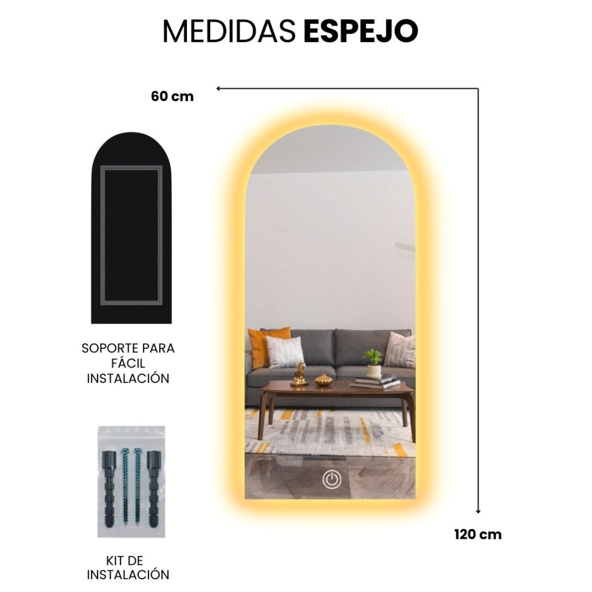 Foto 6 pulgar | Espejo con Luz Led Touch Cálida Forma Arco 60 X 120 cm