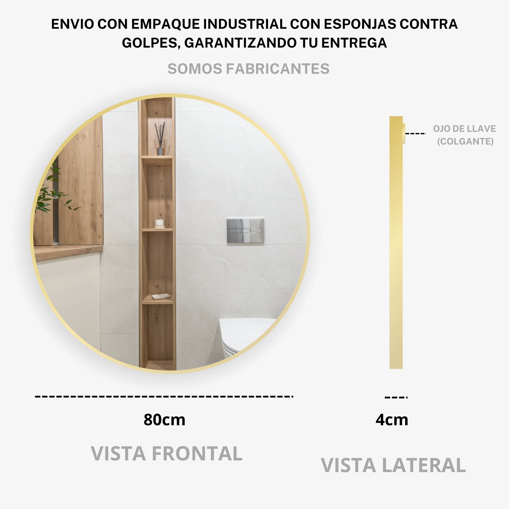 Foto 5 pulgar | Espejo 80 cm Dorado Marco Metálico de Pared