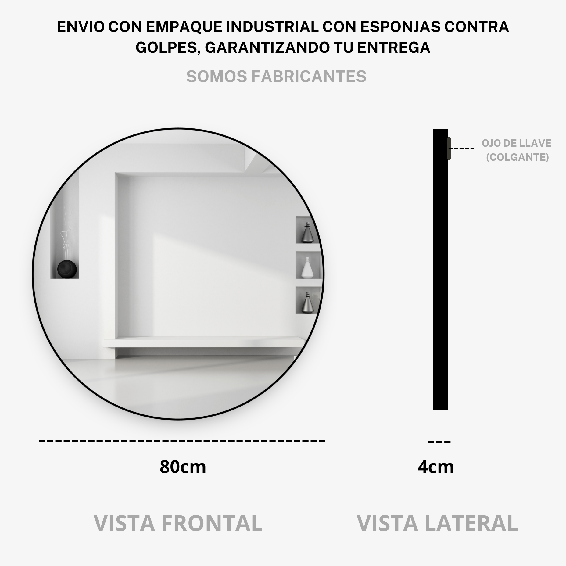 Foto 6 | Espejo 80 cm Marco de Metal Negro de Pared