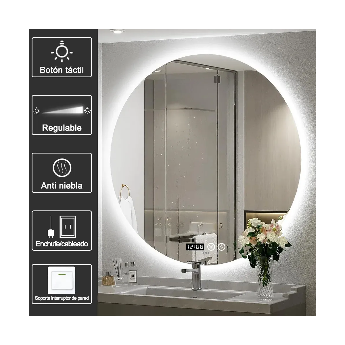 Foto 3 pulgar | Espejo Led Baño Touch 3 Modo Con Función Antivaho 40*40cm Redondo Eo Safe Imports Esi-18927 Plata