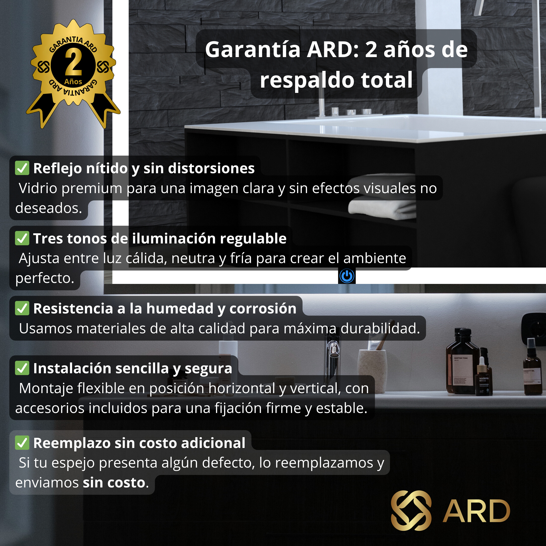 Foto 8 pulgar | Espejo Led Ard Espejo Glanz Luminous Glass Prestige 120 X 90 Cm