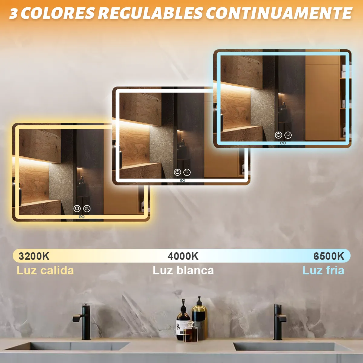 Foto 3 pulgar | Espejo Led De Baño Antivaho Touch Tricolor De 50 X 70 Cm  Eo Safe Imports Esi-20467 Plata