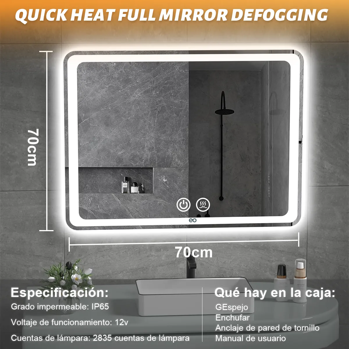 Foto 5 pulgar | Espejo Led De Baño Antivaho Touch Tricolor De 50 X 70 Cm  Eo Safe Imports Esi-20467 Plata