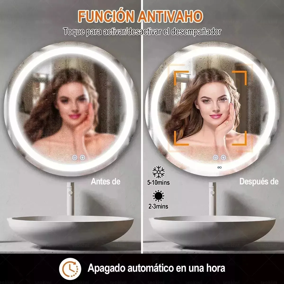 Foto 3 pulgar | Espejo Inteligente Baño 3modo Touch Modern 60*60 Cm Antivaho Eo Safe Imports Esi-20530 Plata