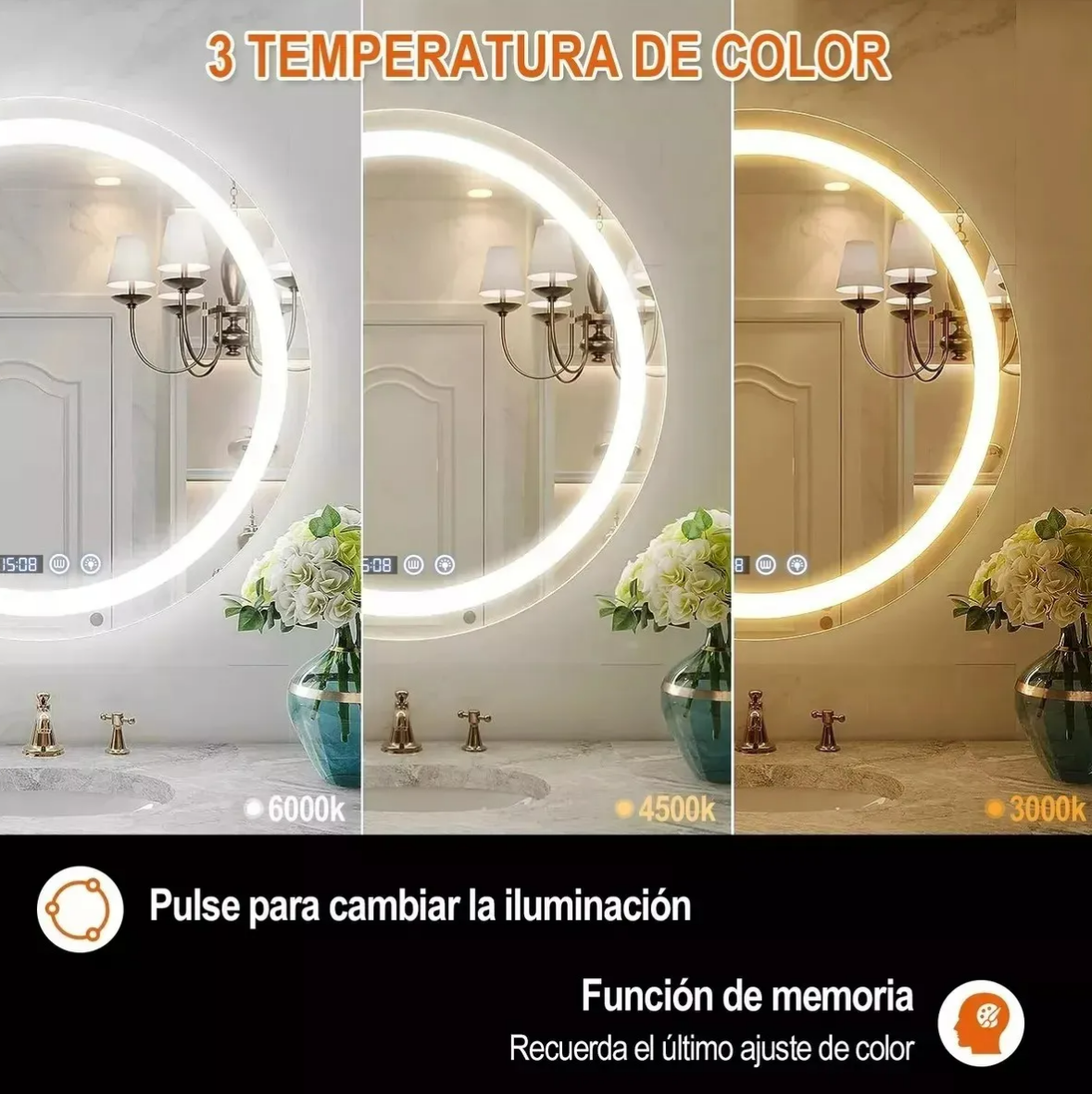 Foto 4 pulgar | Espejo Inteligente Decorativo Moderno Con Luz Led 60 Cm X 60 Cm